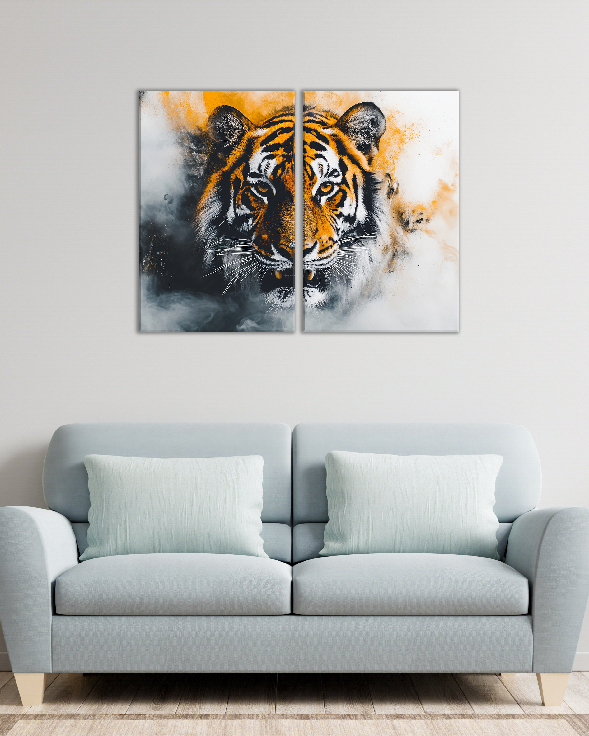 Cuadro decorativo de tigre en tonos naranjas y grises