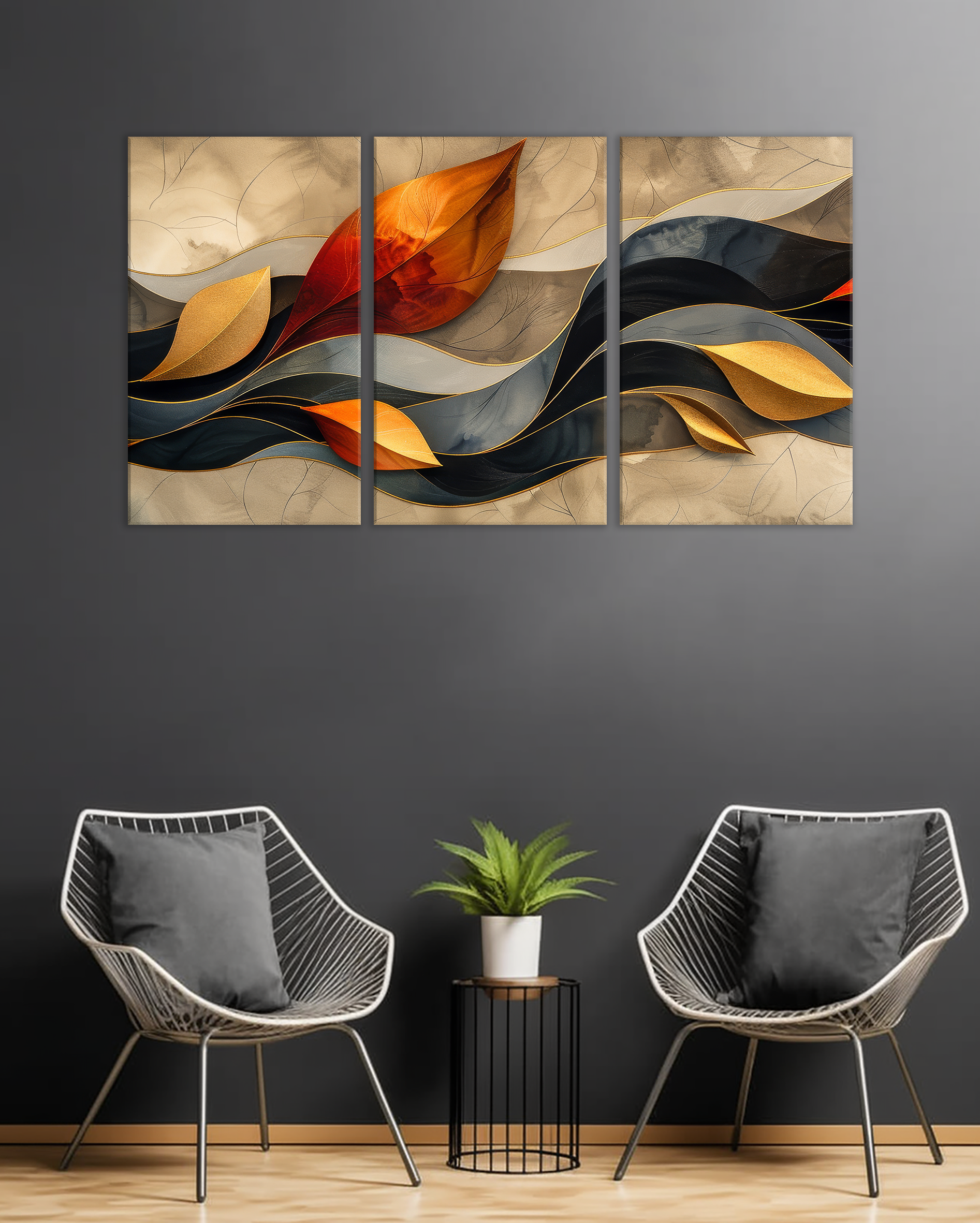 Cuadro Tríptico Abstracto con Hojas Doradas