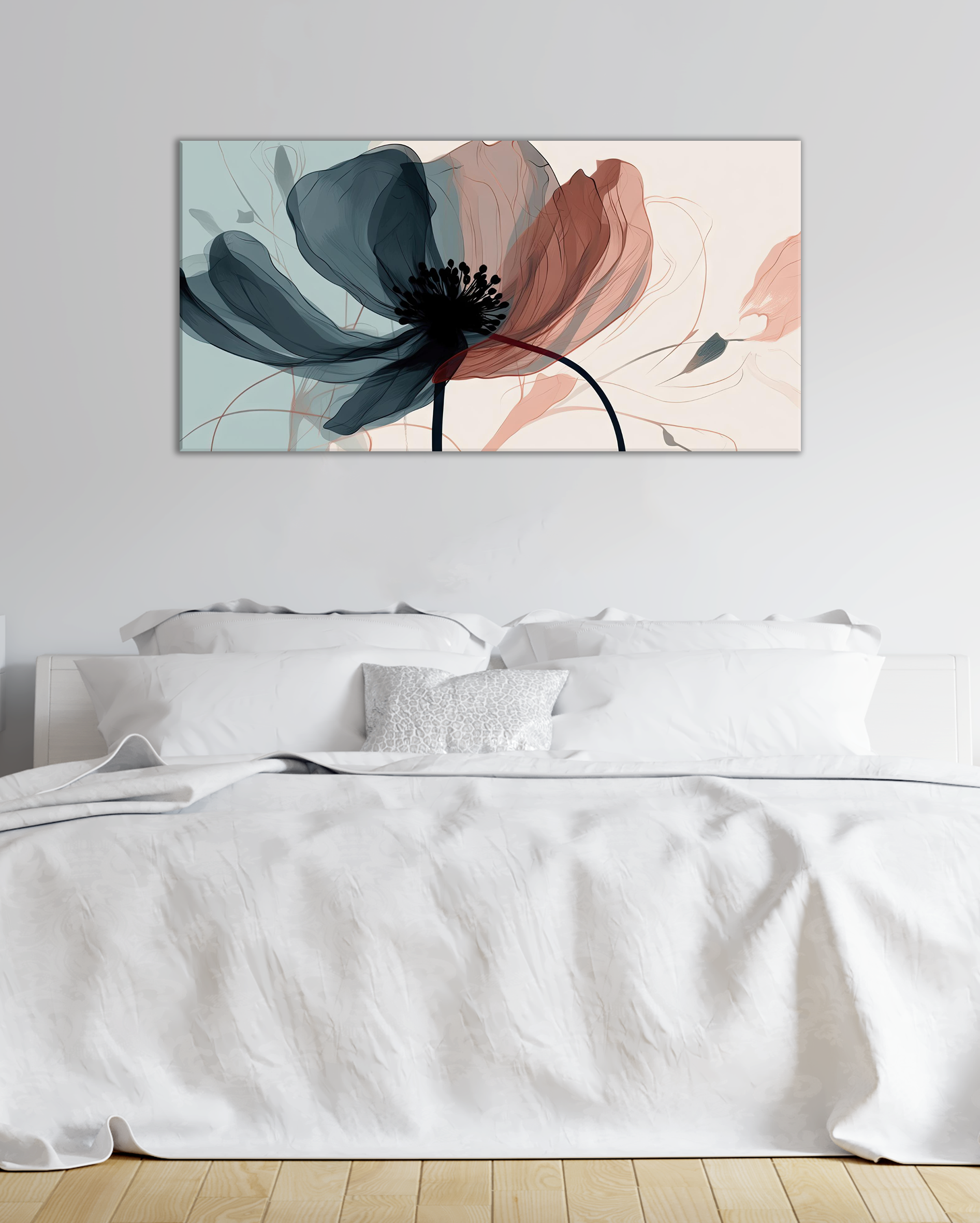 Cuadro floral moderno en azul profundo y terracota para dormitorio minimalista