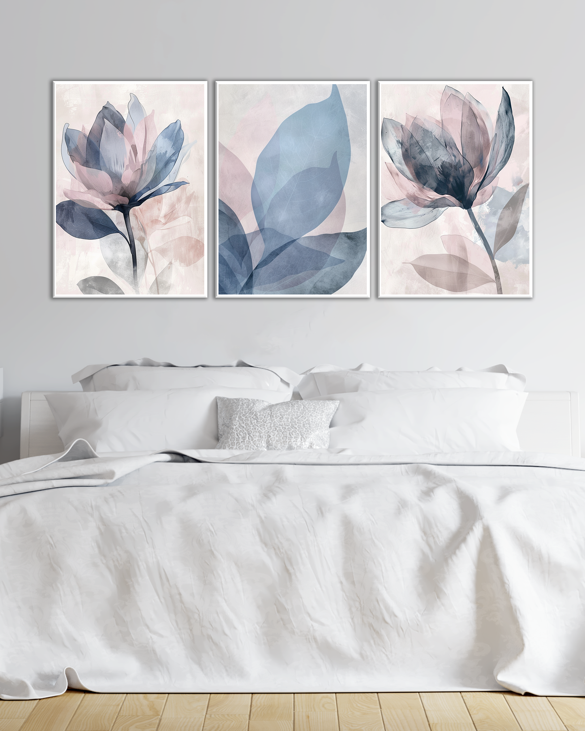 Tríptico de Flores en Acuarela – Cuadro Floral Moderno de Estilo Pastel