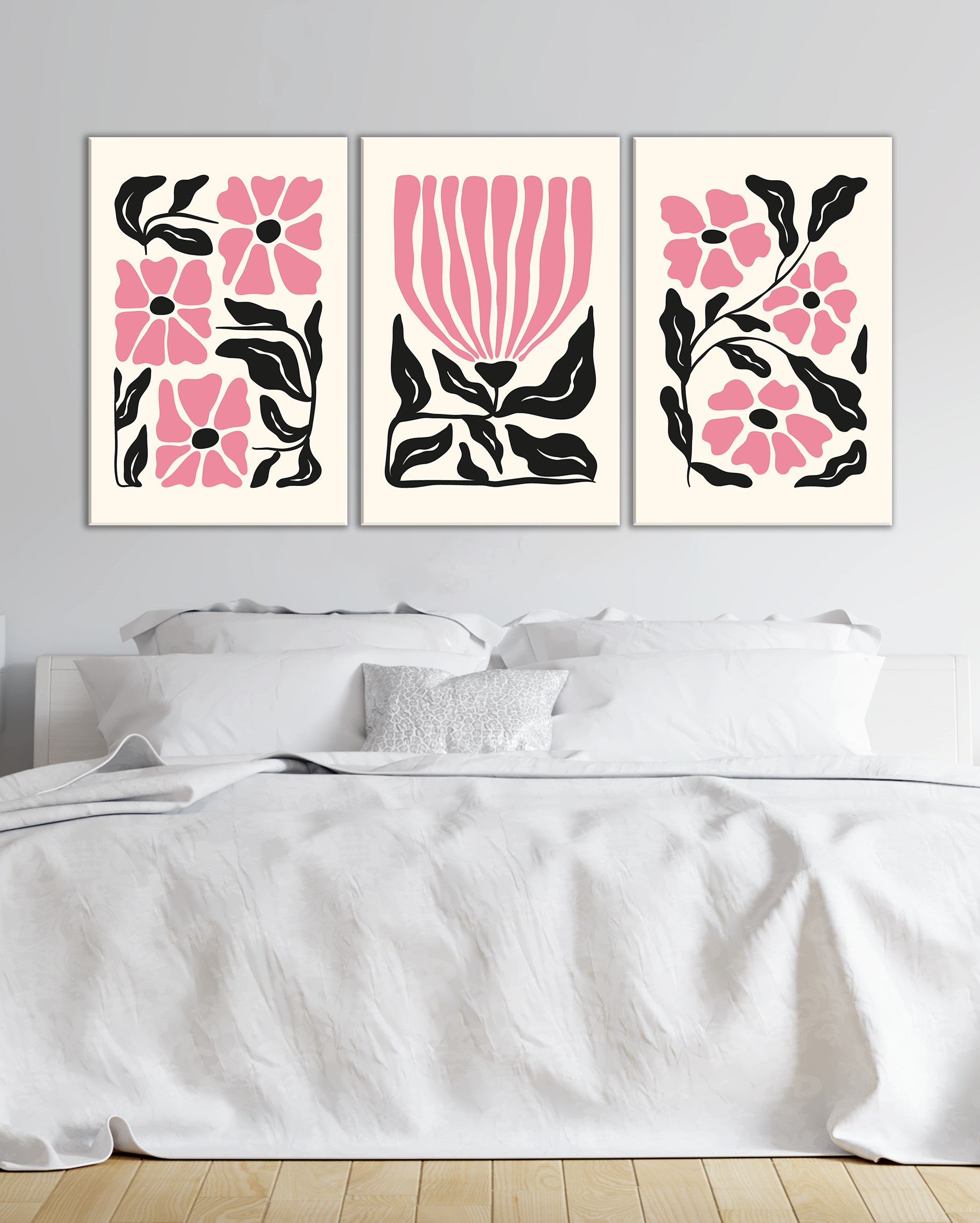 Cuadro tríptico floral moderno rosa y negro para dormitorio