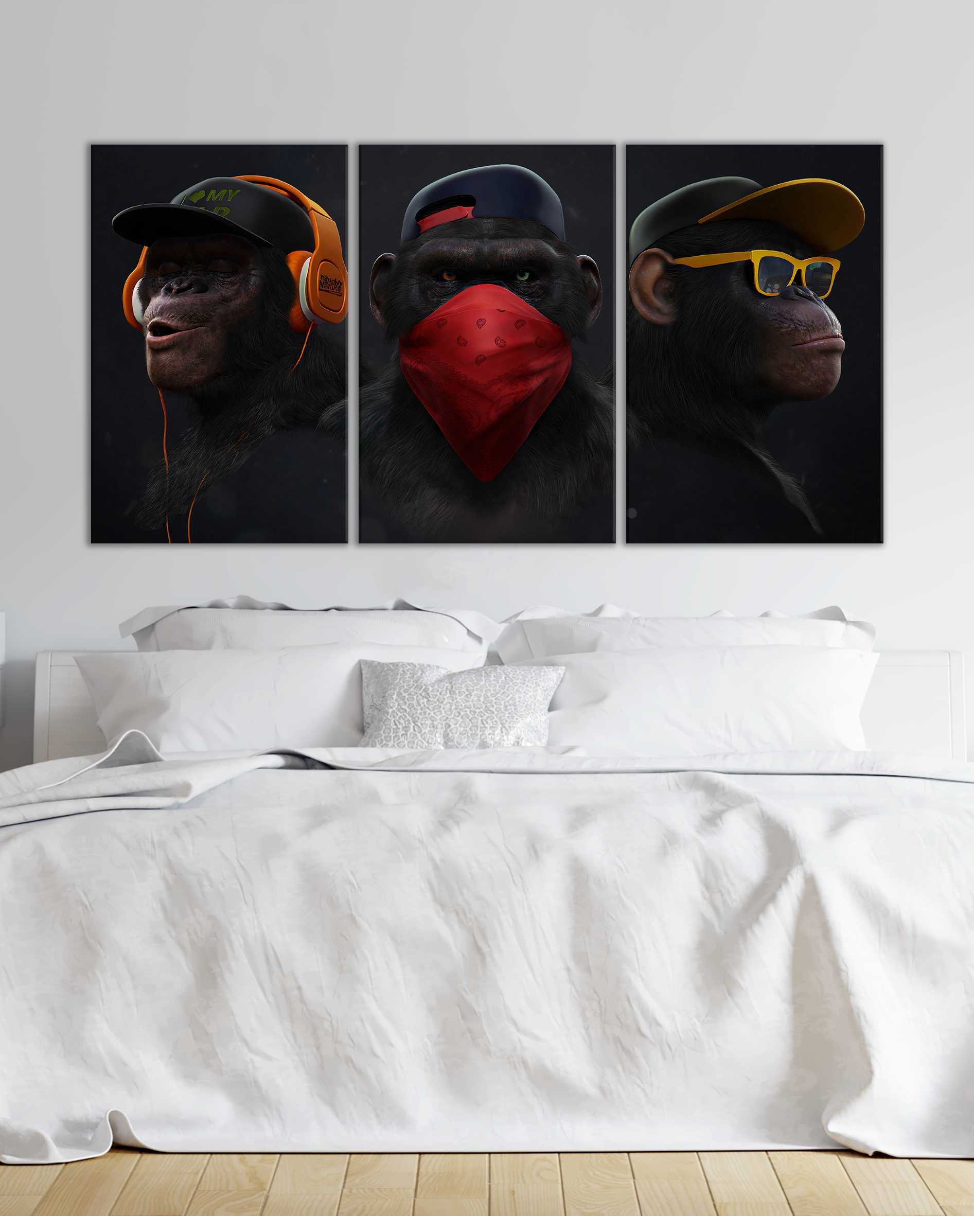 Cuadro Tríptico de Monos Modernos – Estilo Urbano para Dormitorio