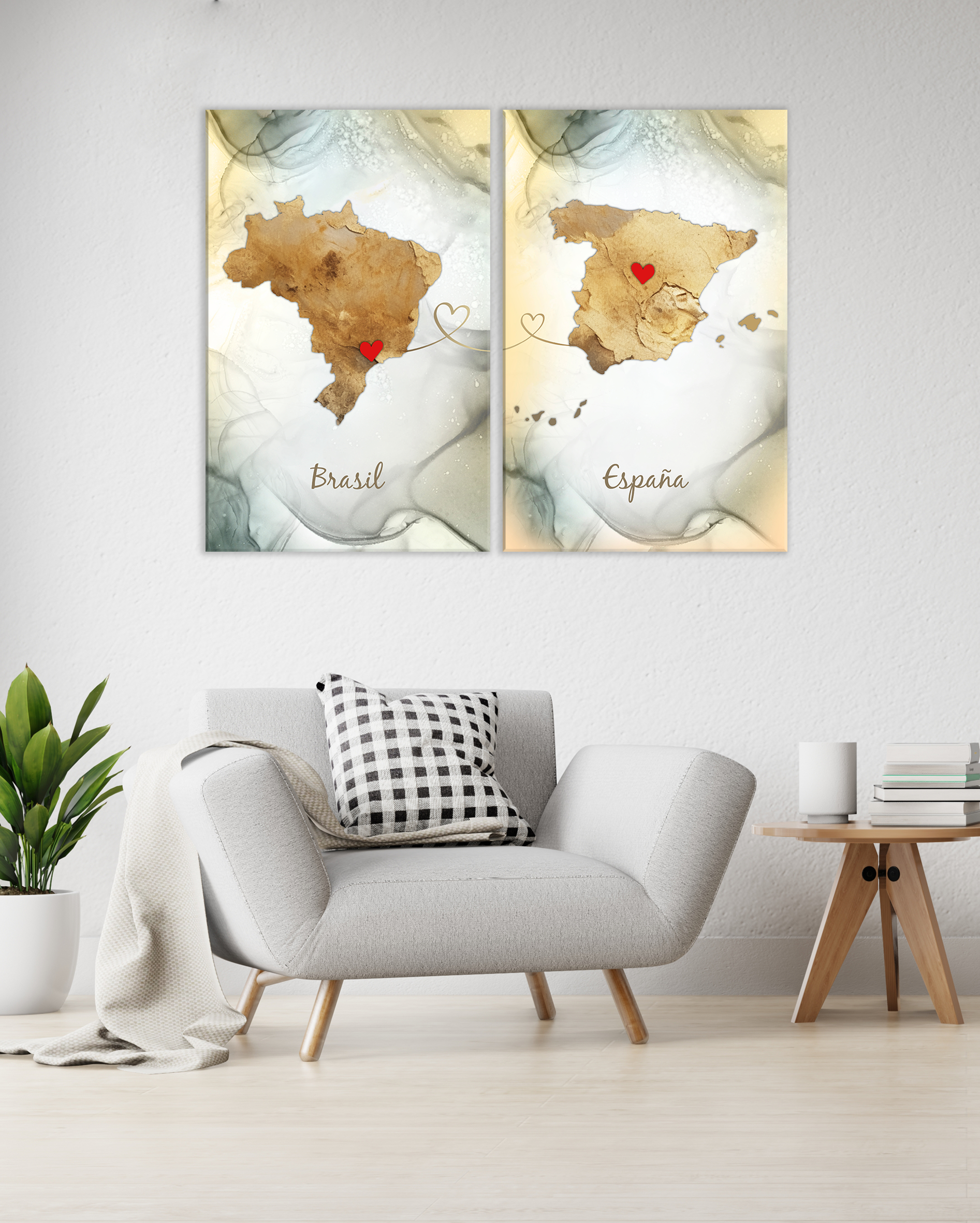Cuadro decorativo de Mapas Brasil y España con trazos dorados