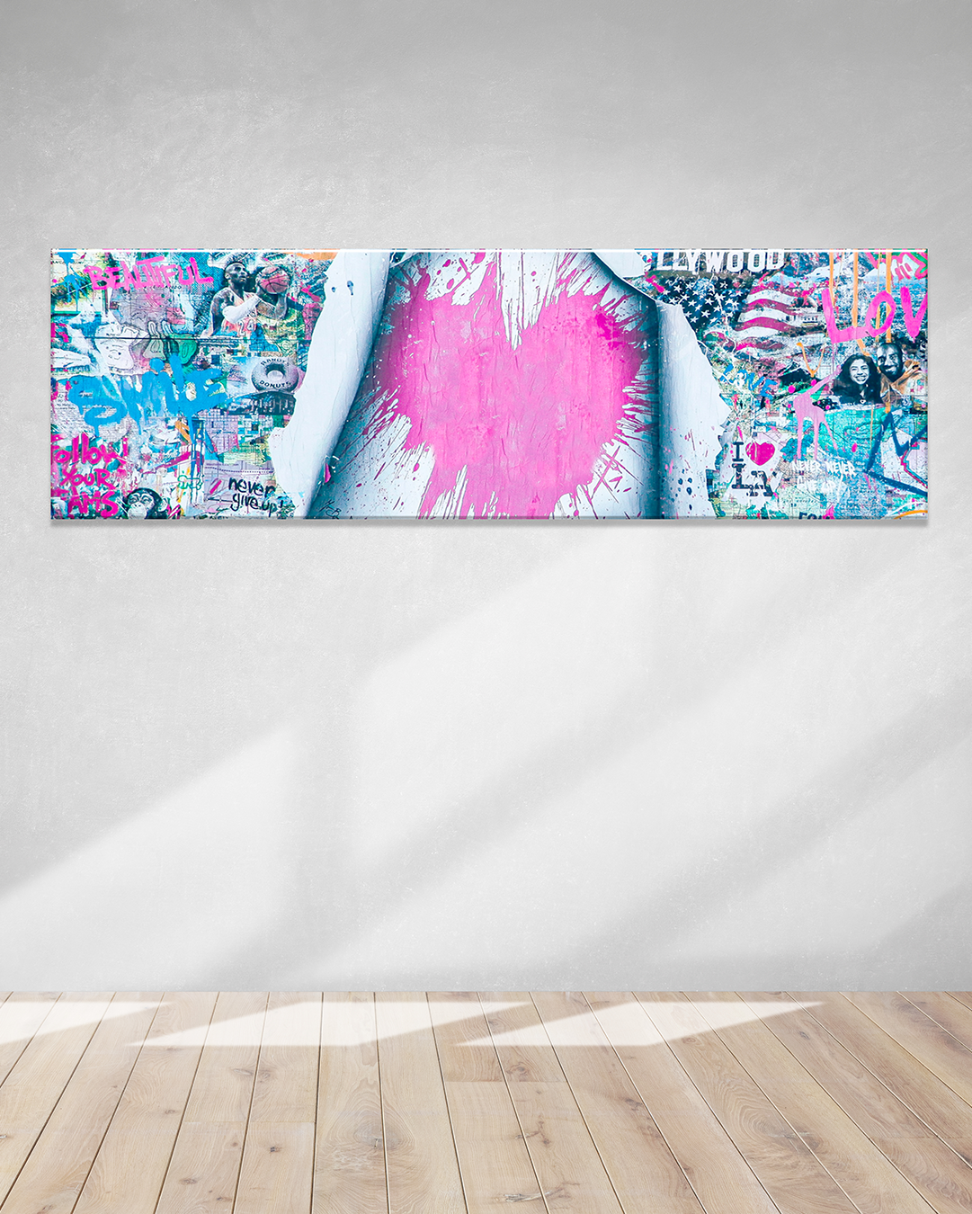 Cuadro decorativo urbano panoramico corazón rosa estilo graffiti