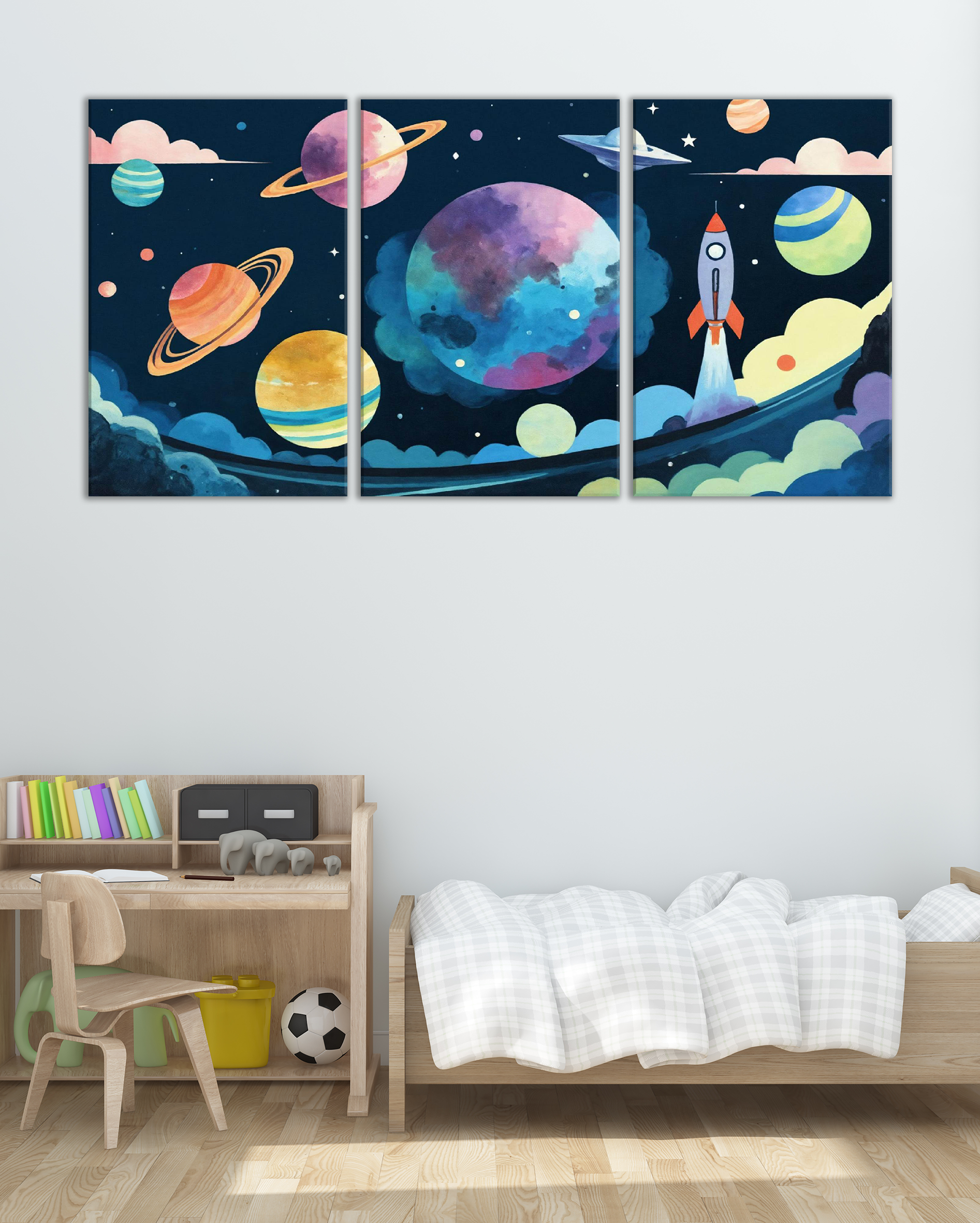 Cuadro infantil del espacio – Planetas y cohete para habitación de niños