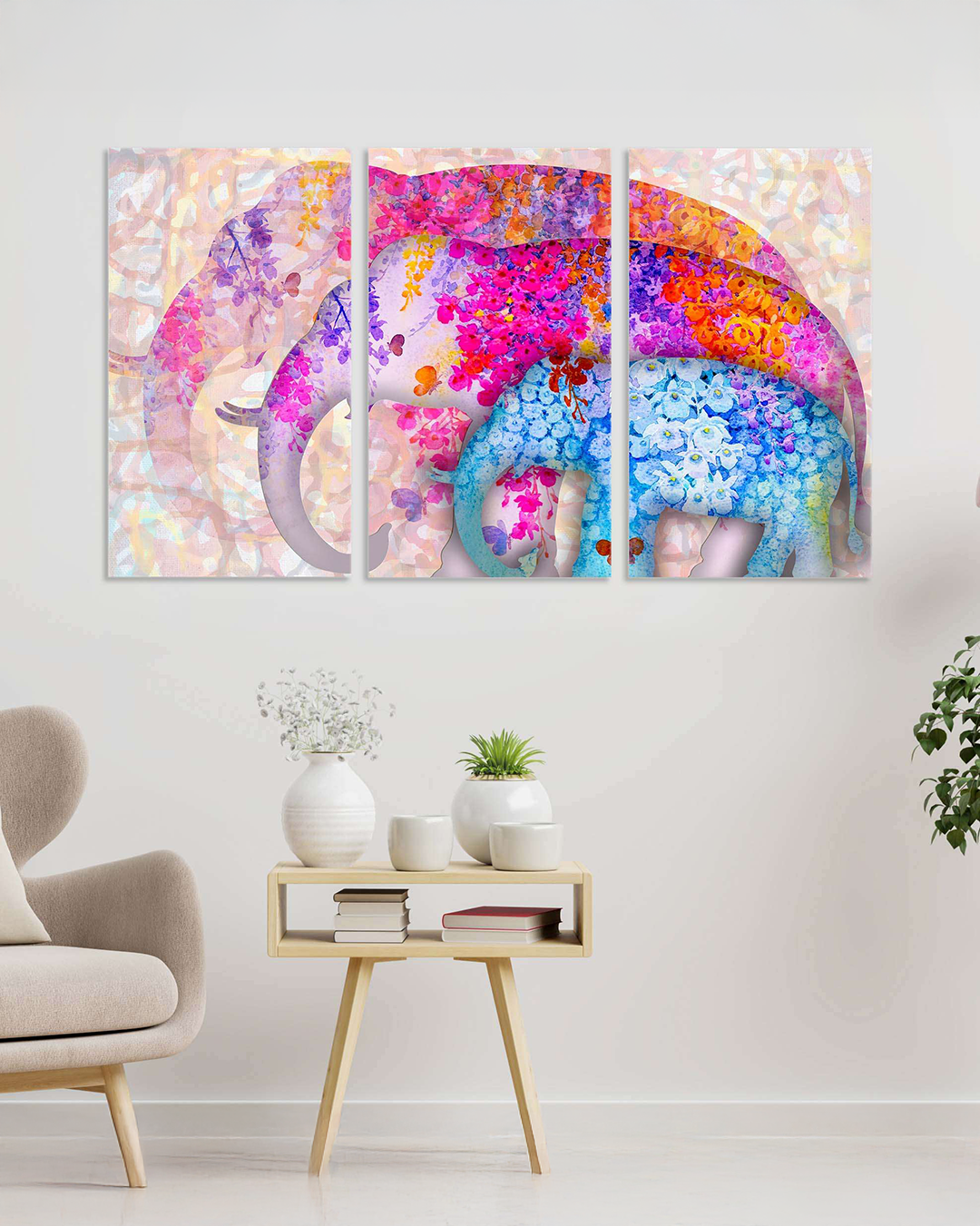 Set de 3 cuadros elefantes asiáticos