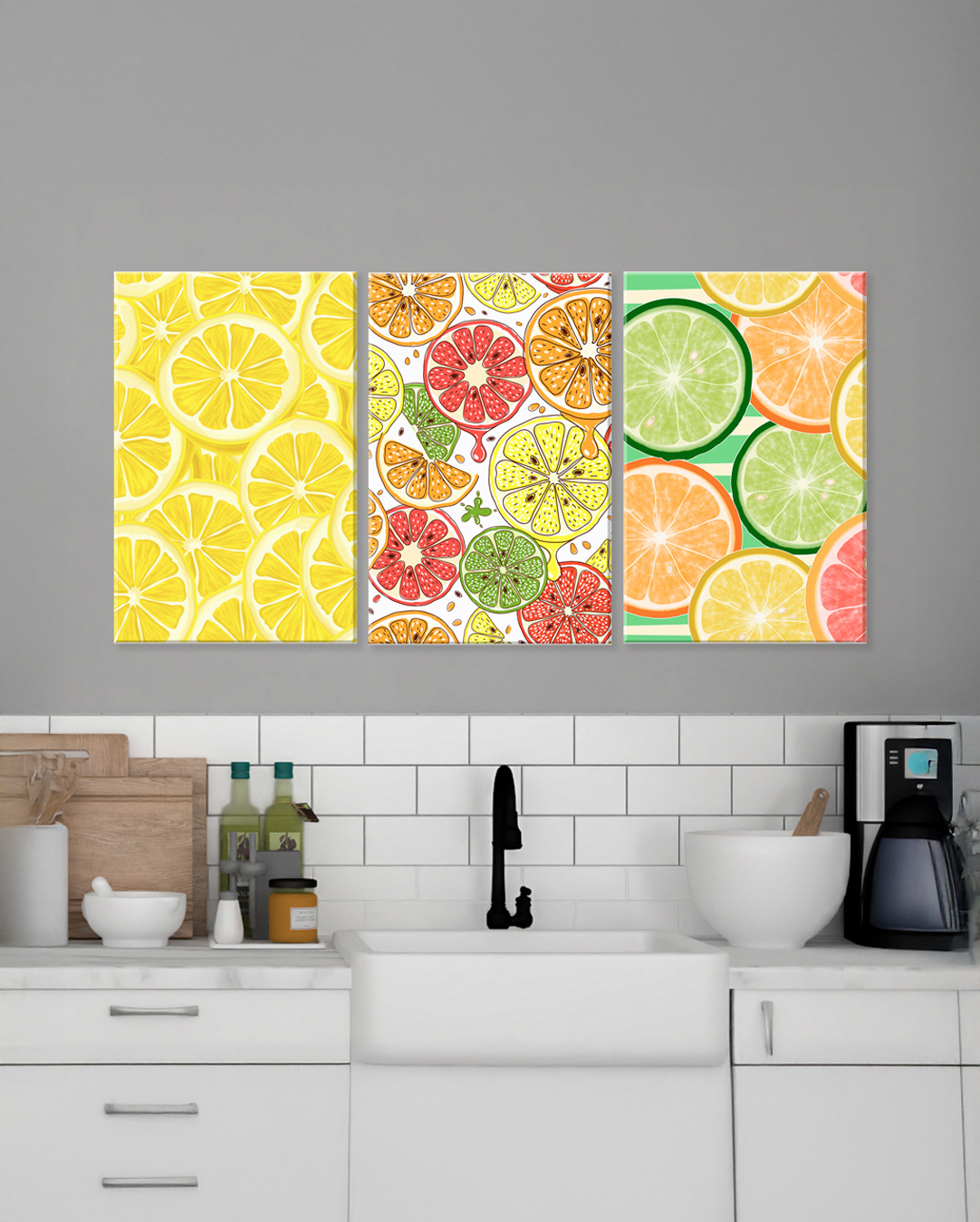 Tríptico decorativo de frutas cítricas