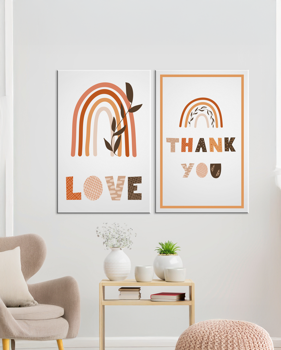 Cuadro Decorativo Arcoíris Boho con Mensajes “Love” y “Thank You