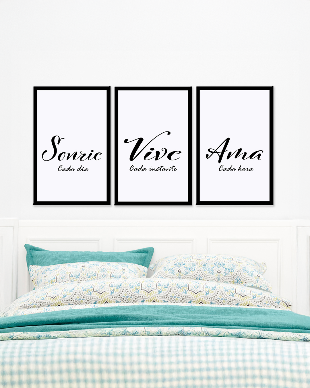 Cuadro decorativo con frases motivadoras "Sonríe, Vive, Ama" en blanco y negro