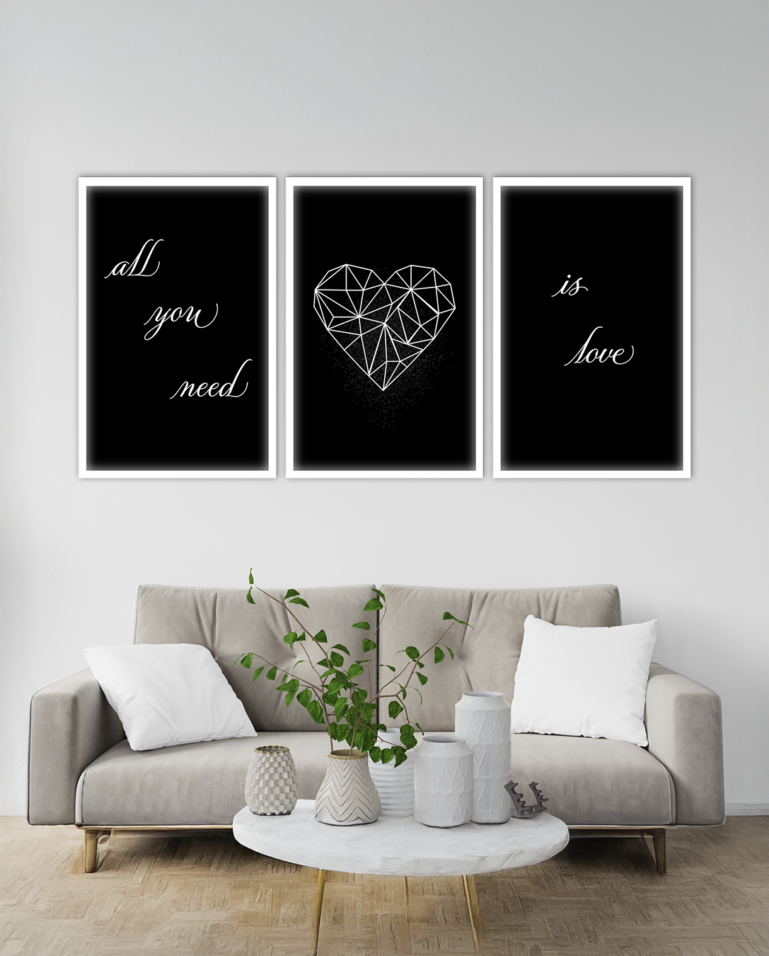 Tríptico decorativo moderno "All you need is love" en blanco y negro