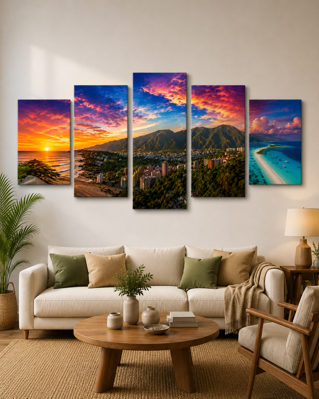 Cuadro Paisaje Venezolano | Playa, Tepuyes y el Avila en Composición 5 cuadros