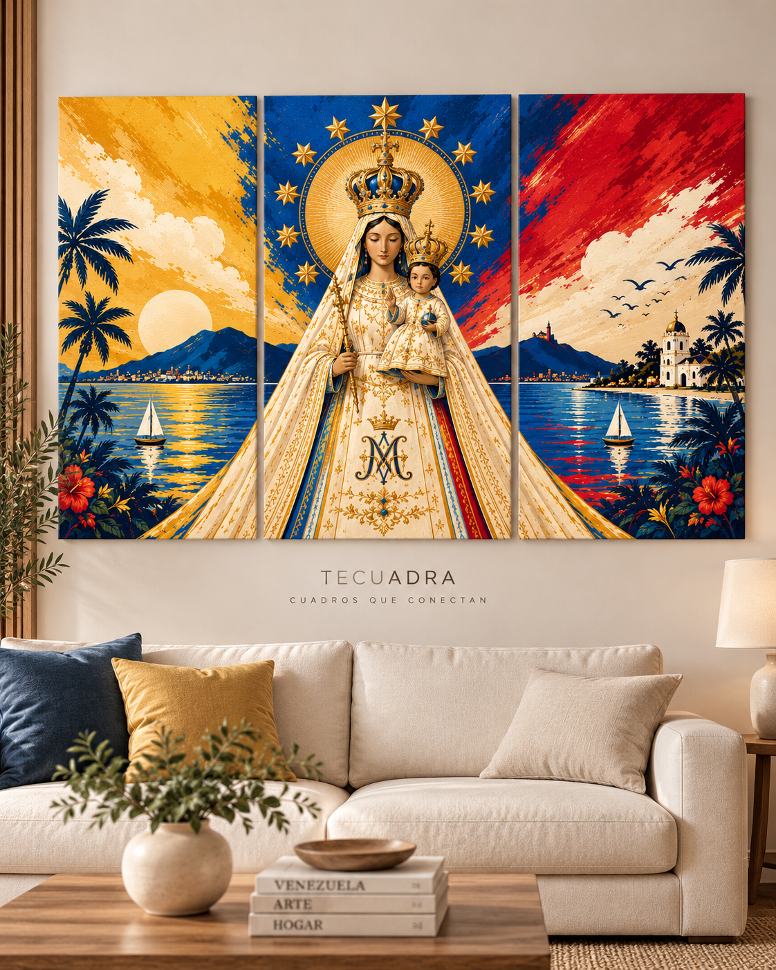 Set de 3 cuadros Virgen del Valle de Venezuela con cielo tricolor – Cuadro Religioso Venezuela