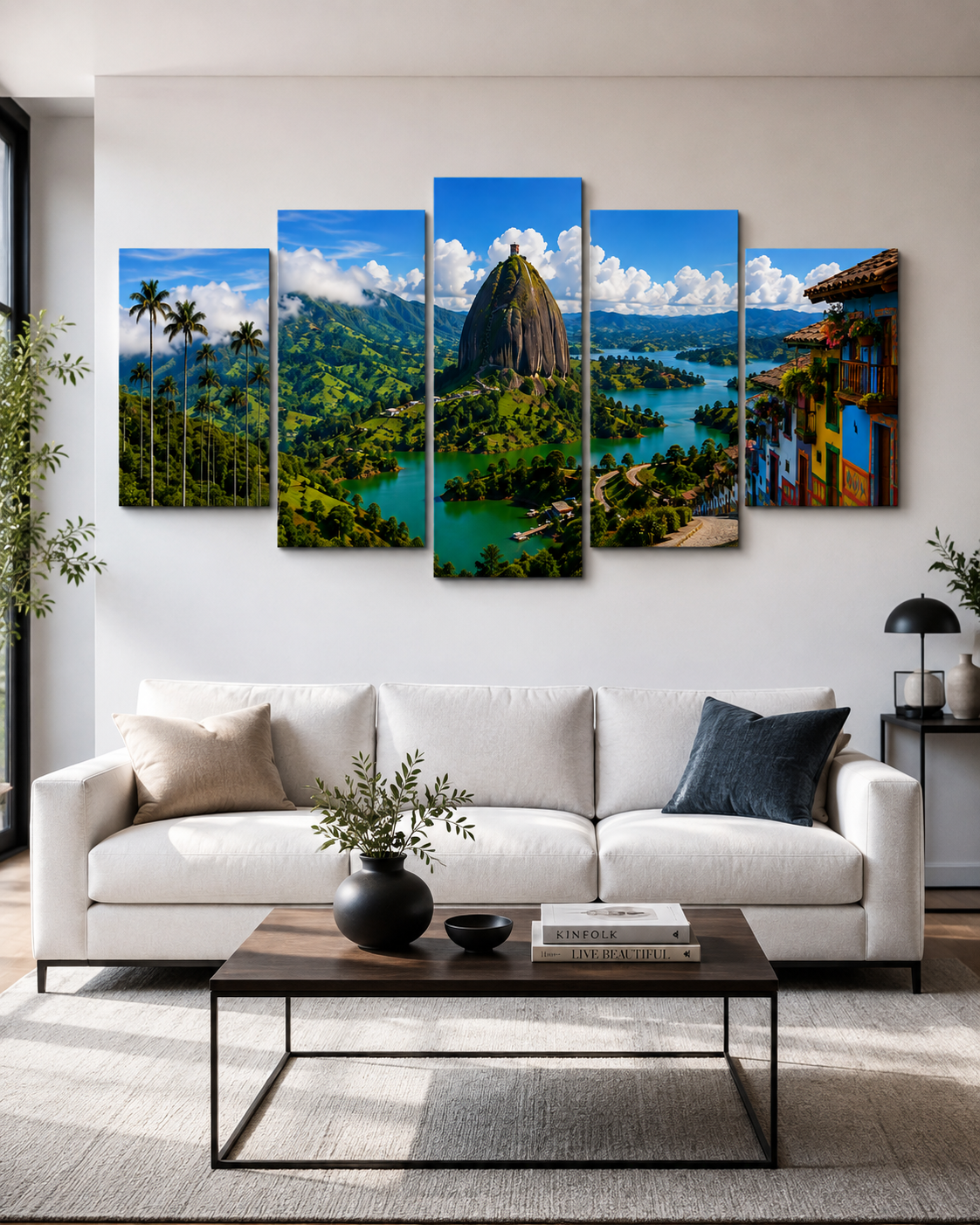 Cuadro de Guatapé y Piedra del Peñol – Paisaje Colombiano en 5 Piezas