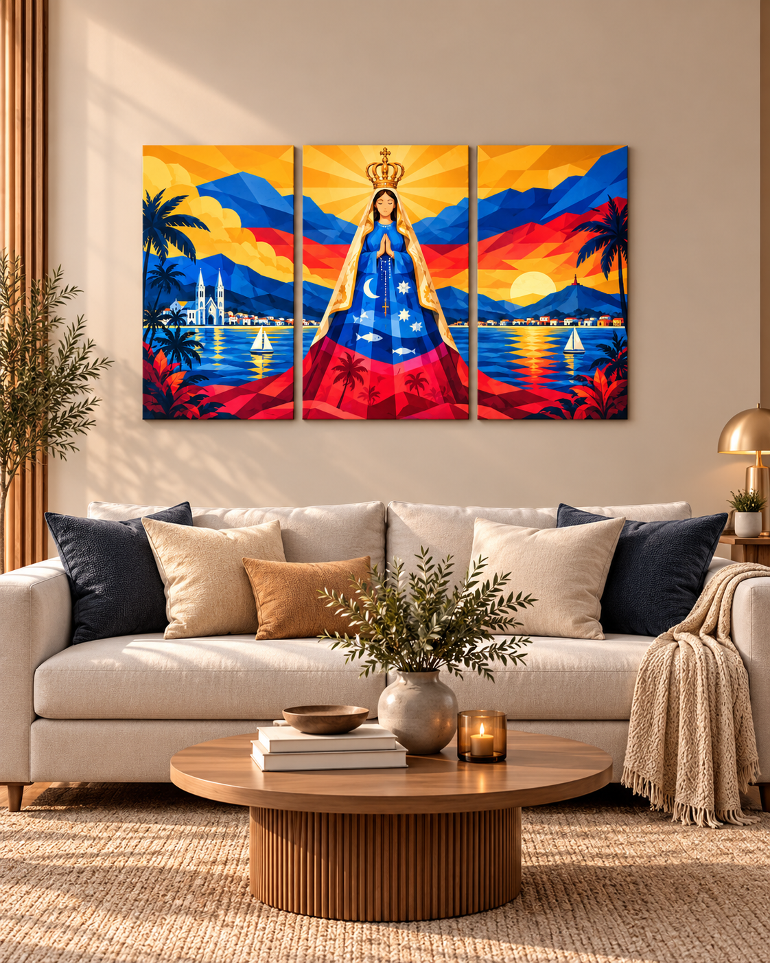 Set de 3 cuadros Virgen del Valle de Venezuela con cielo tricolor – Cuadro Religioso Venezuela