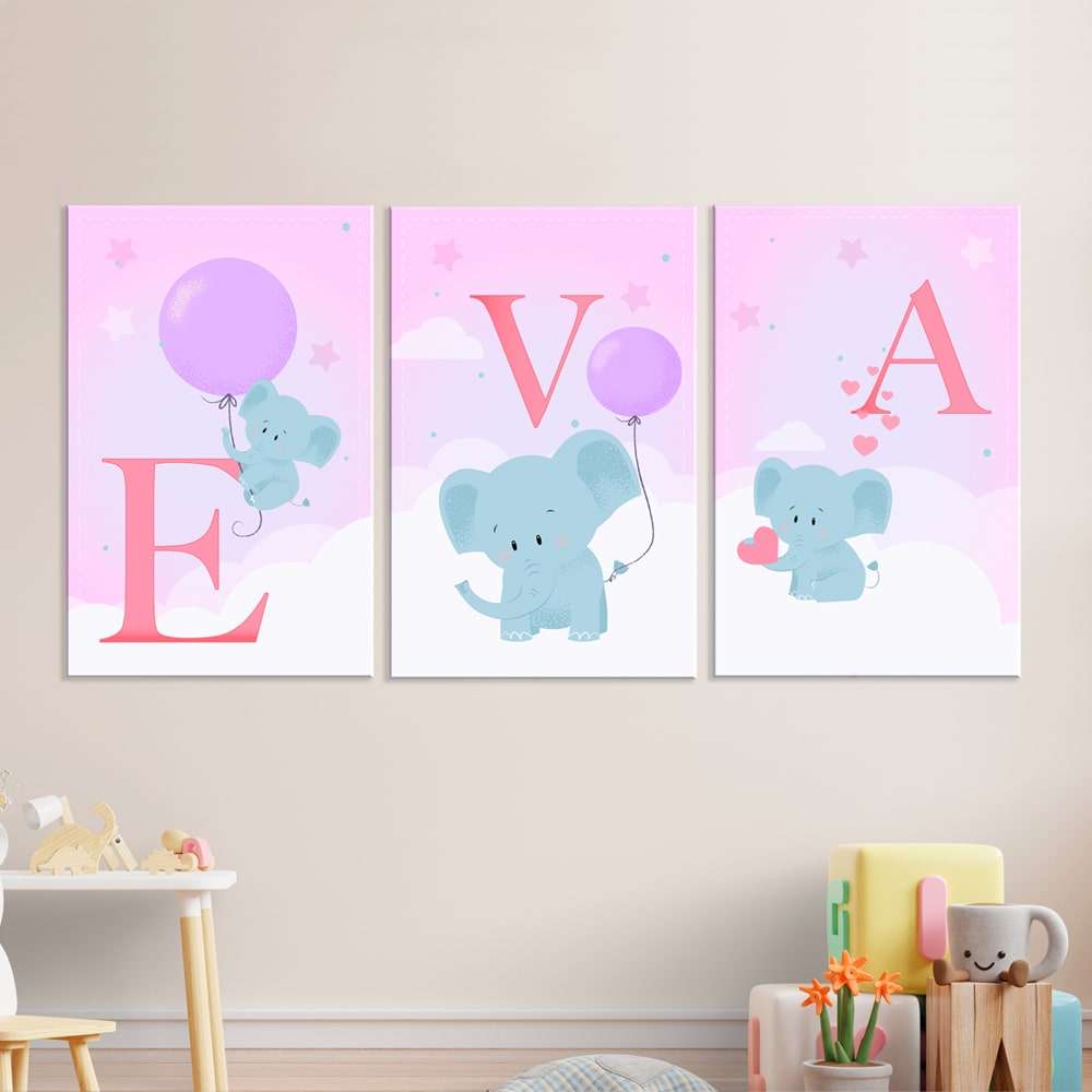 Cuadro Infantil de elefantes con nombre personalizado