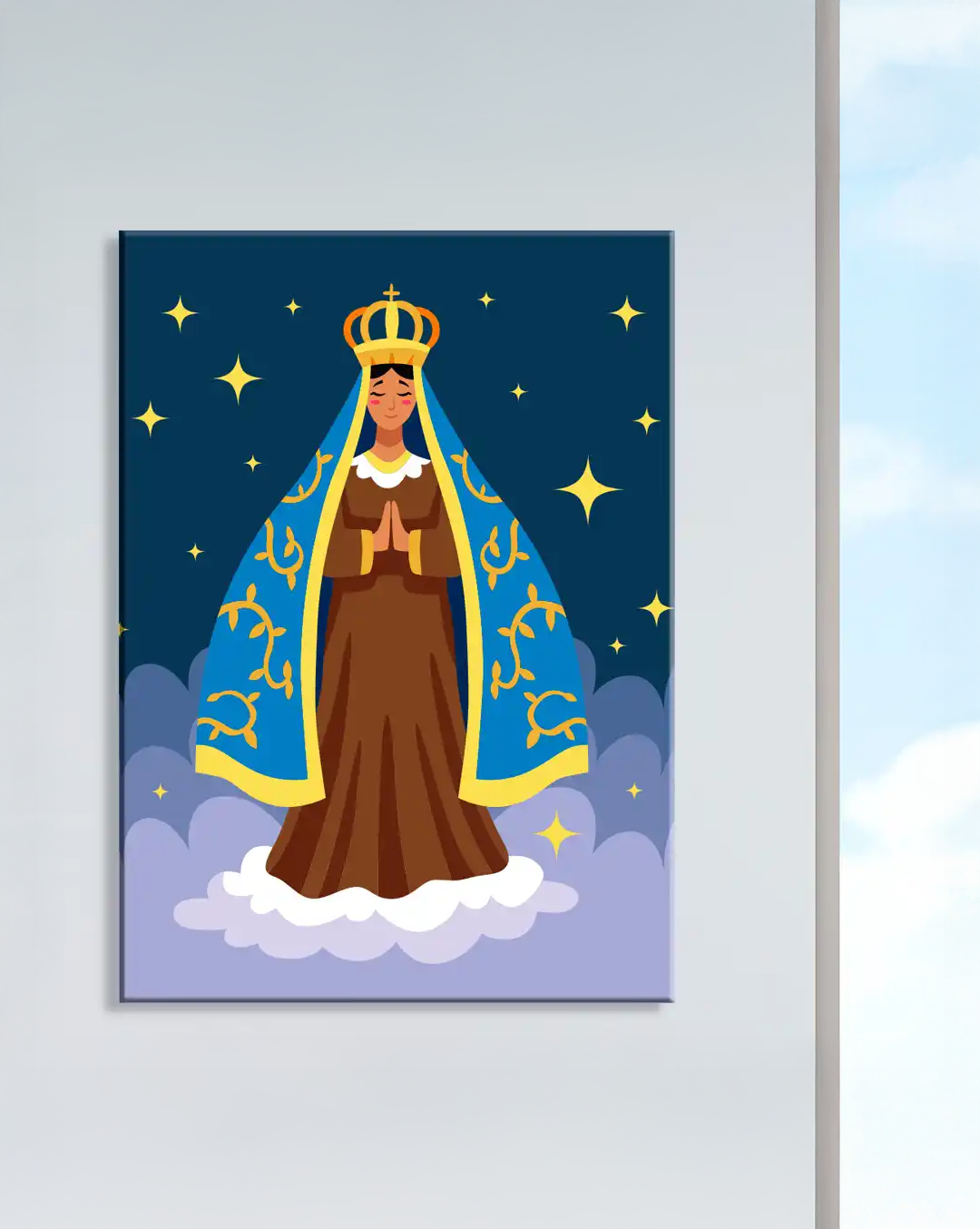 Cuadro Retrato Virgen María en Ilustración con Fondo Estrellado