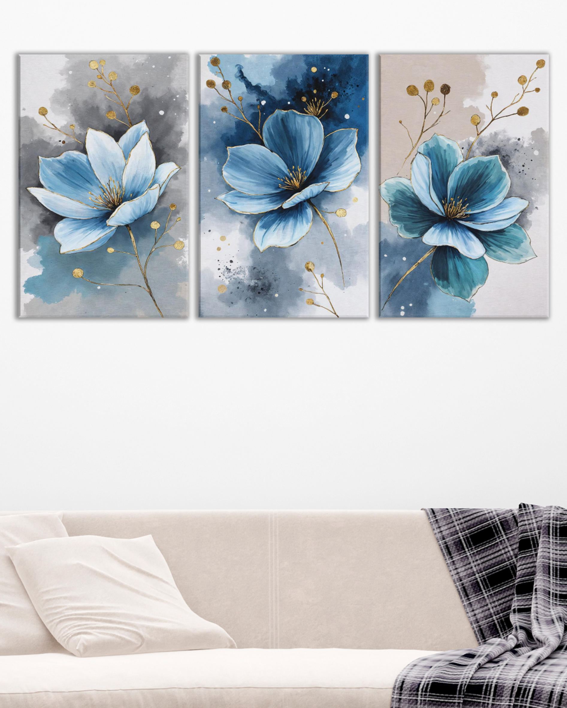 Tríptico de Flores Azules con Detalles Dorados | Cuadros Decorativos Modernos