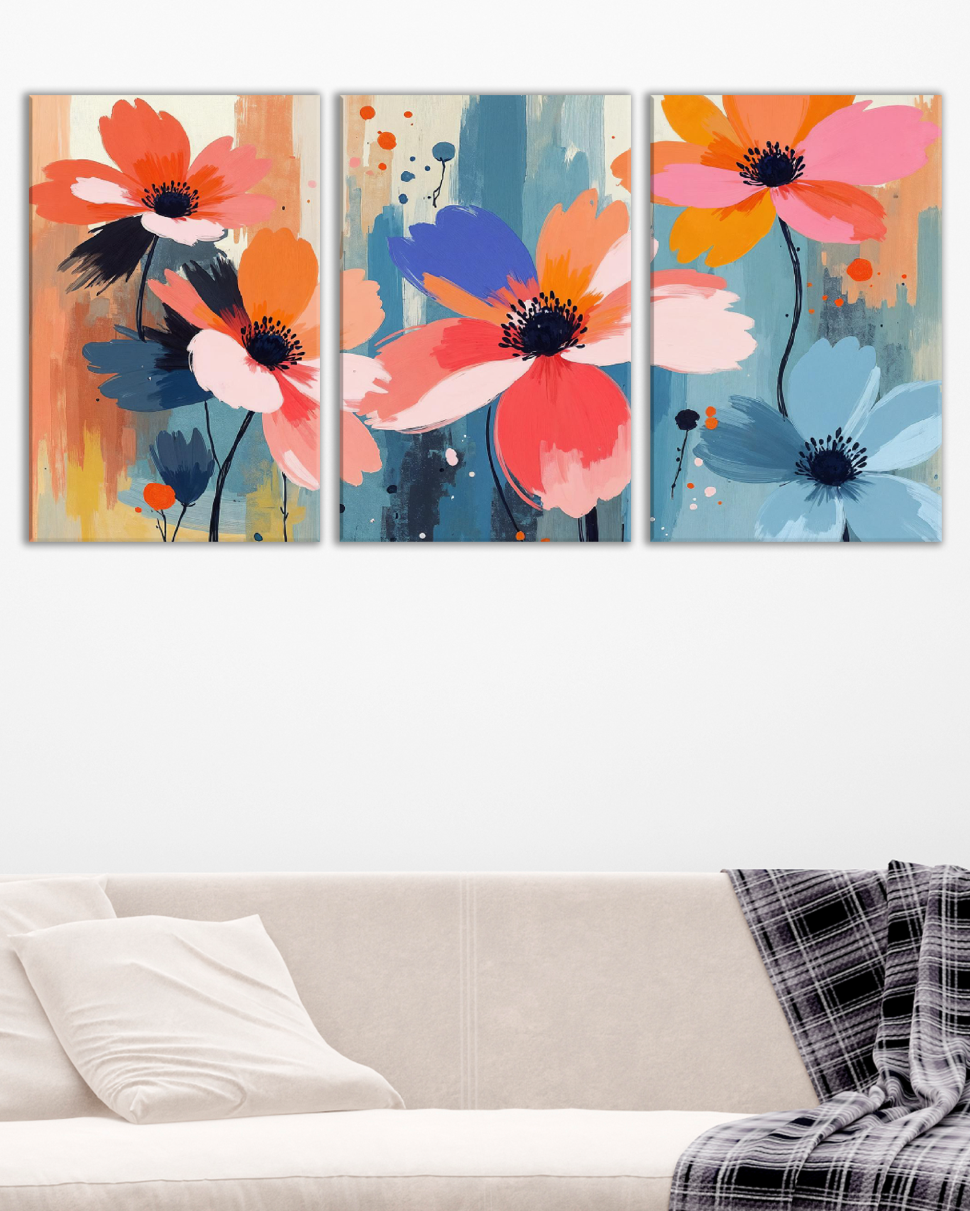 Tríptico Floral Abstracto de Colores Vivos