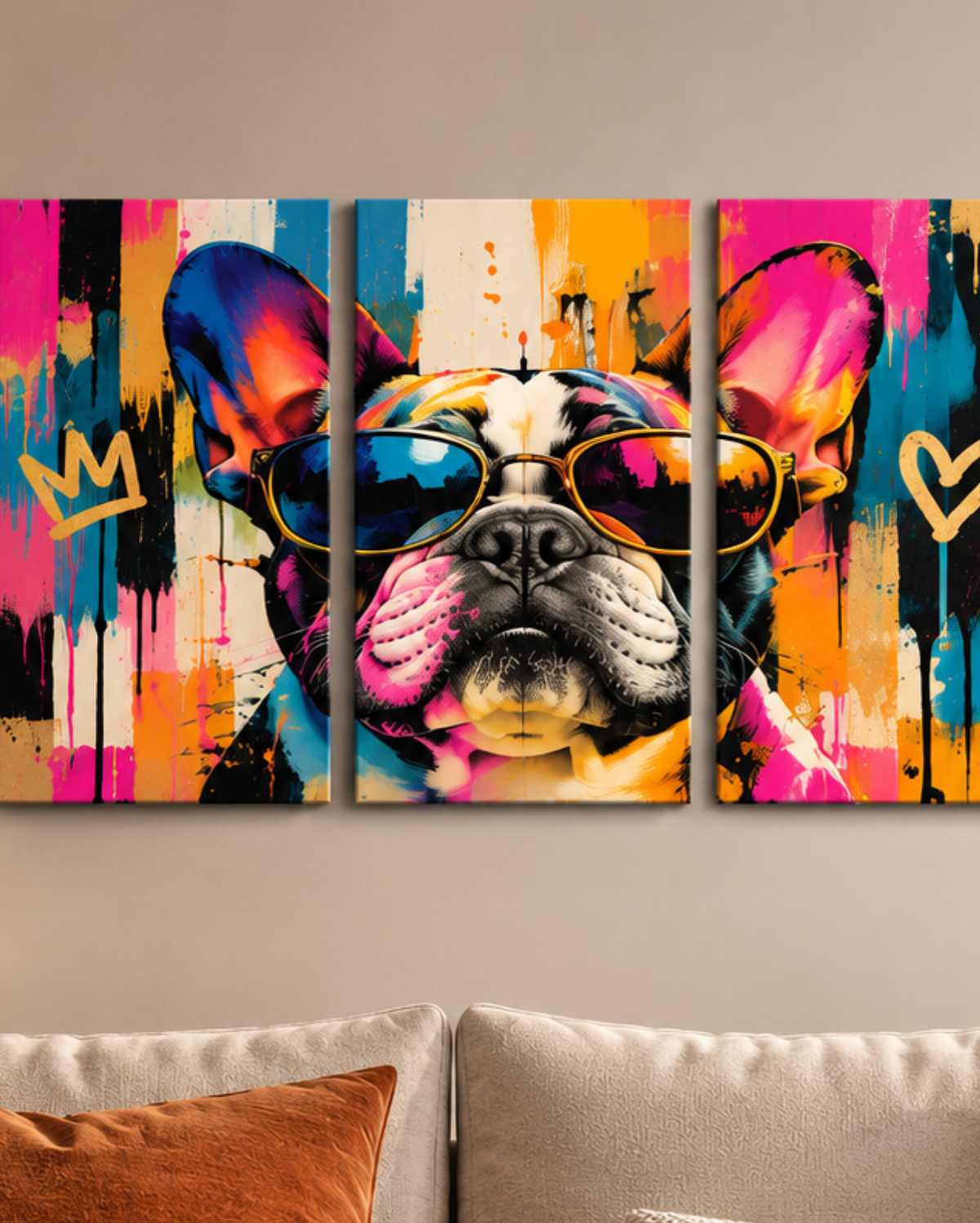 Cuadro Bulldog Francés Pop Art con Gafas de Sol – Tríptico Moderno Colorido