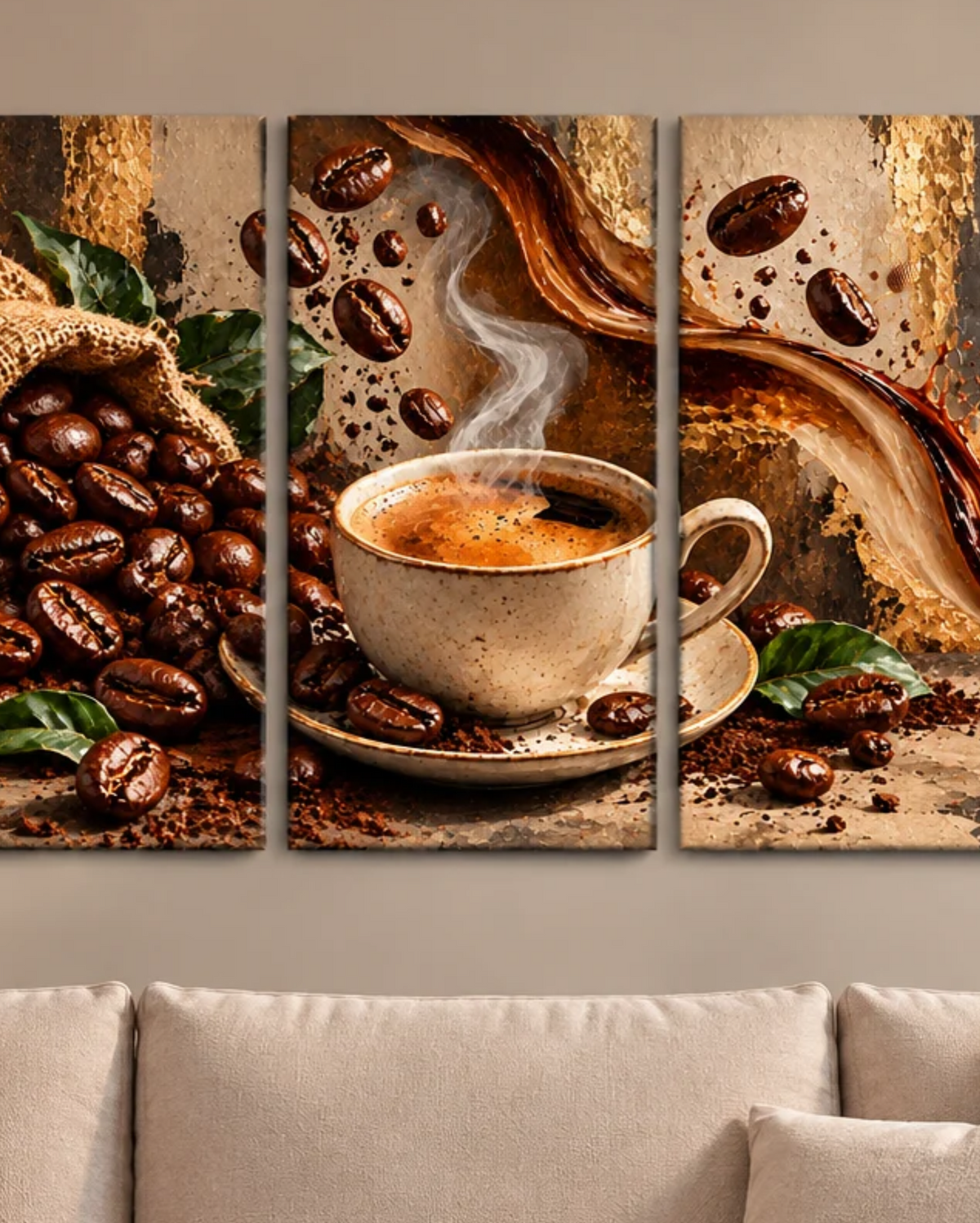 Cuadros de Café Modernos en 3 Piezas – Taza de Espresso y Granos de Café