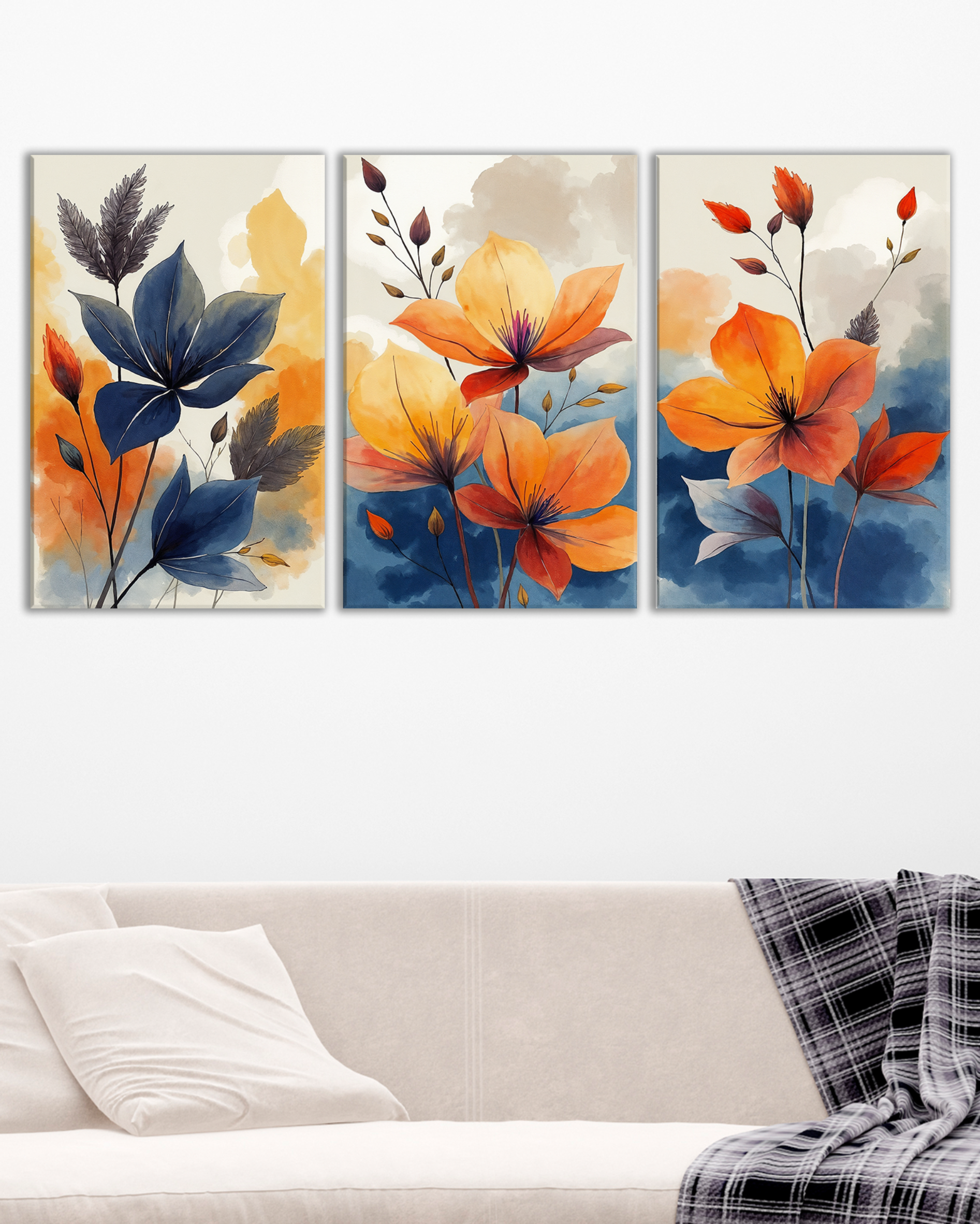 Tríptico de Flores en Tonos Naranja y Azul | Cuadros Modernos para Decoración de Salones