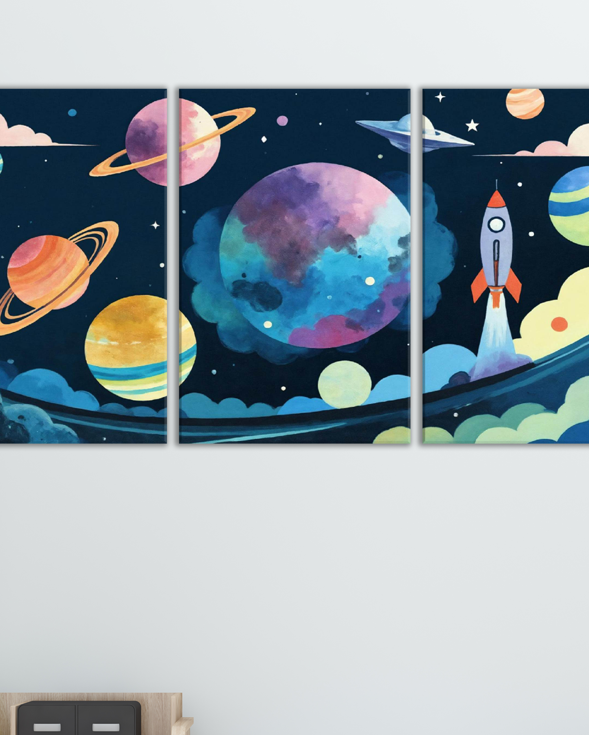 Cuadro infantil del espacio – Planetas y cohete para habitación de niños