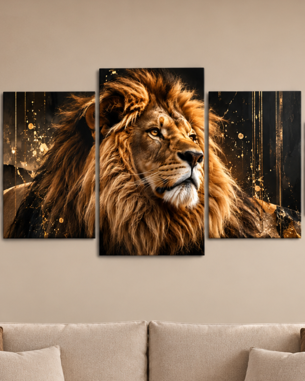Cuadro de León Dorado en 5 Piezas – Arte Moderno Negro y Oro para Salón