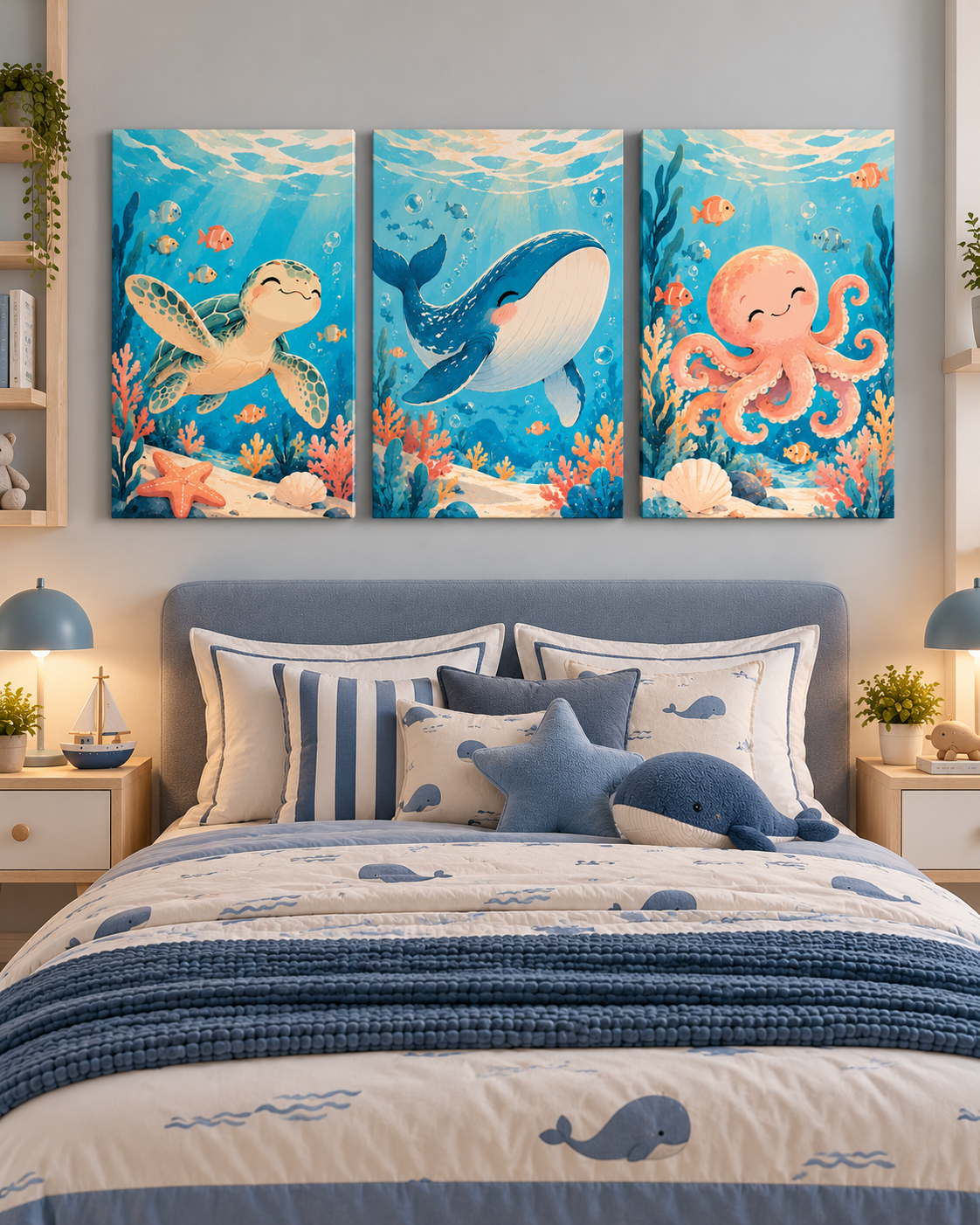 Set de 3 Cuadros Infantiles del Fondo Marino – Ballena, Tortuga y Pulpo