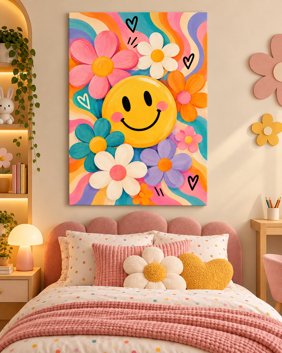Cuadro Infantil de Carita Feliz con Flores de Colores – Decoración Happy Flowers
