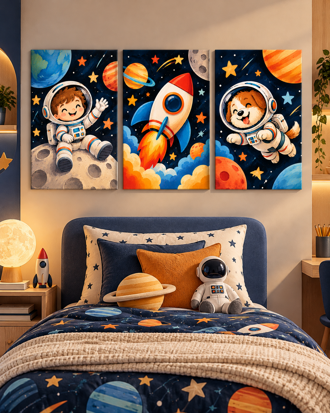 Cuadros Infantiles del Espacio en 3 Piezas – Astronauta, Cohete y Perrito Espacial