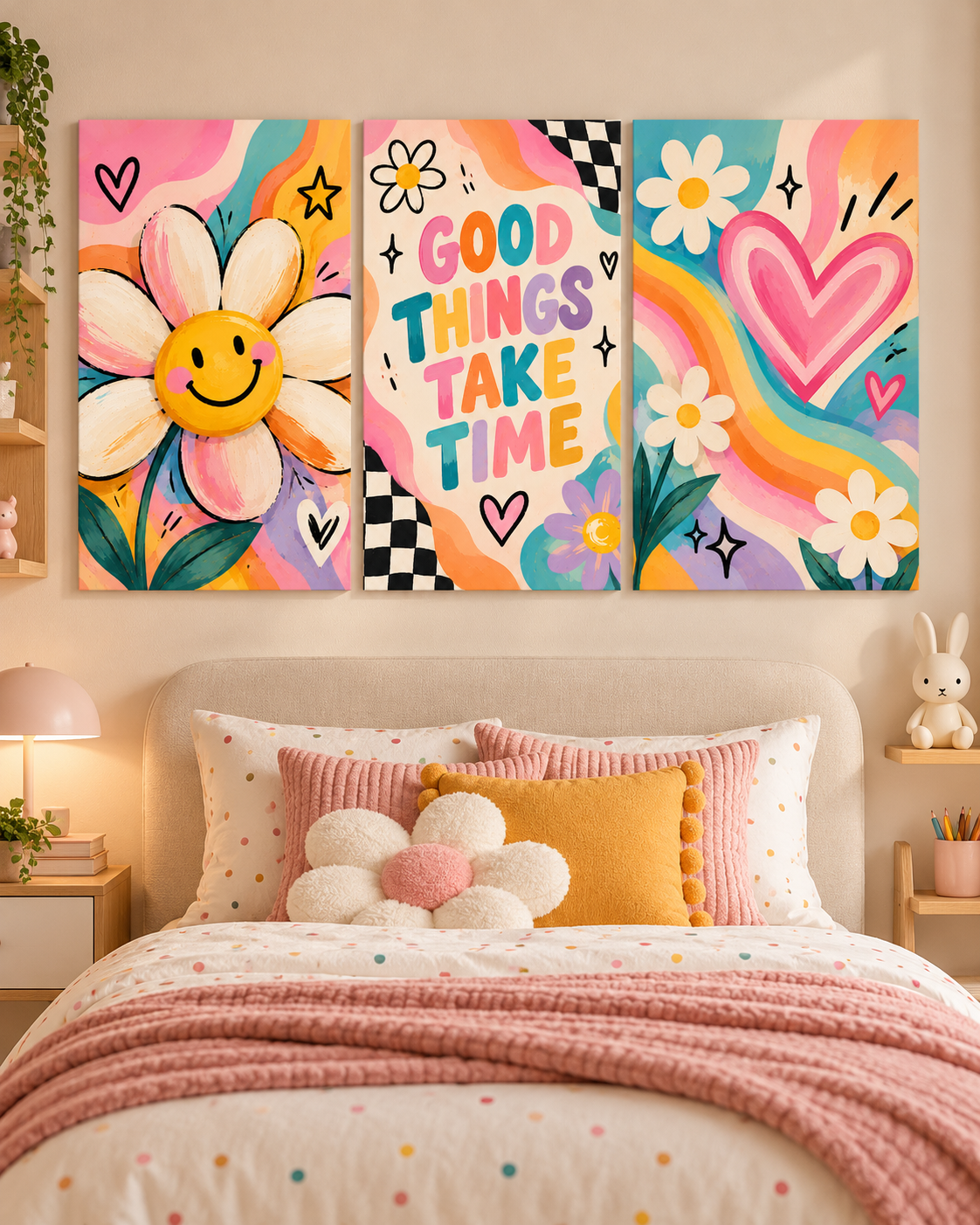 Set de 3 Cuadros Infantiles de Flores y Corazones – Good Things Take Time