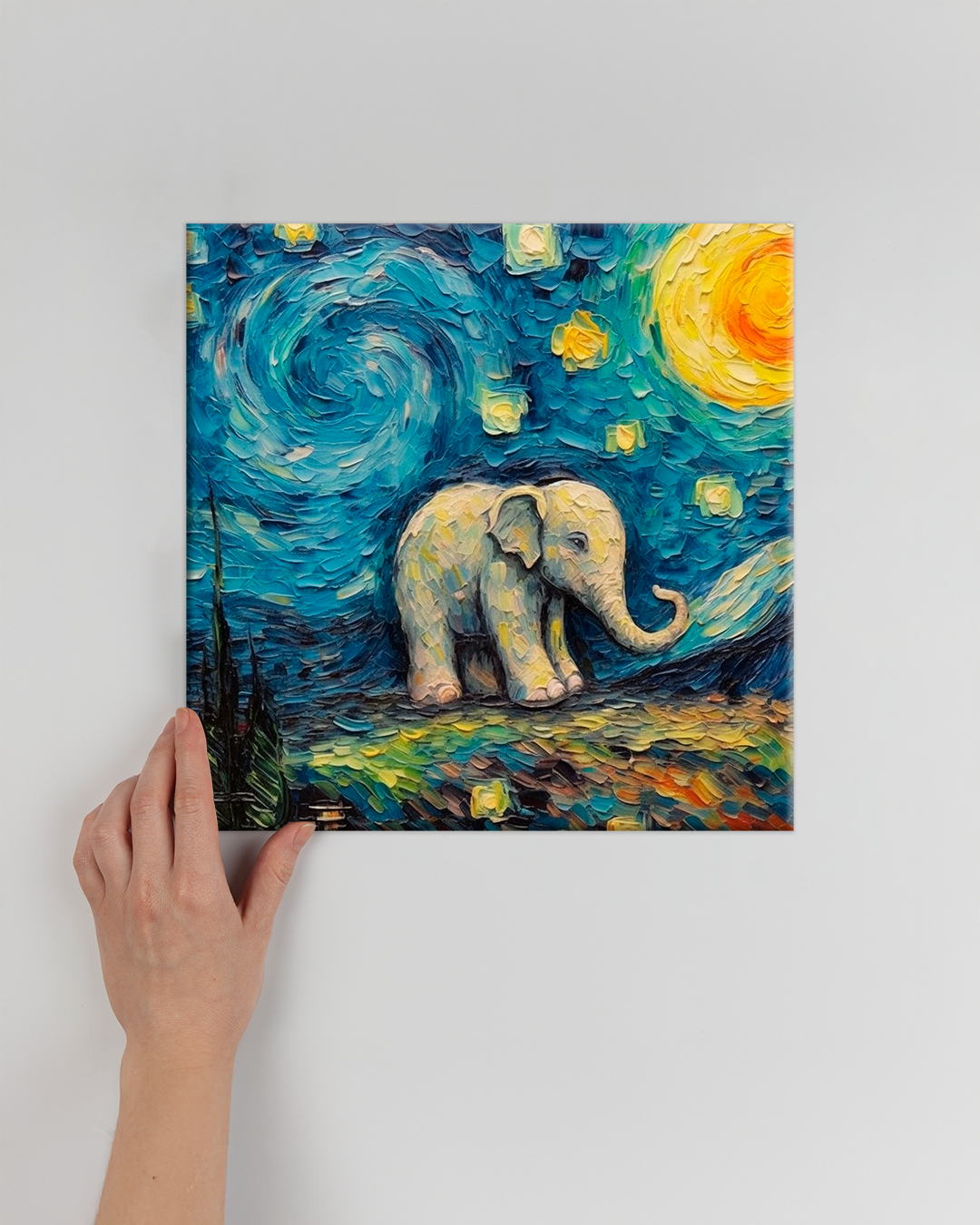 Elefante bebé ilustrado al estilo Van Gogh
