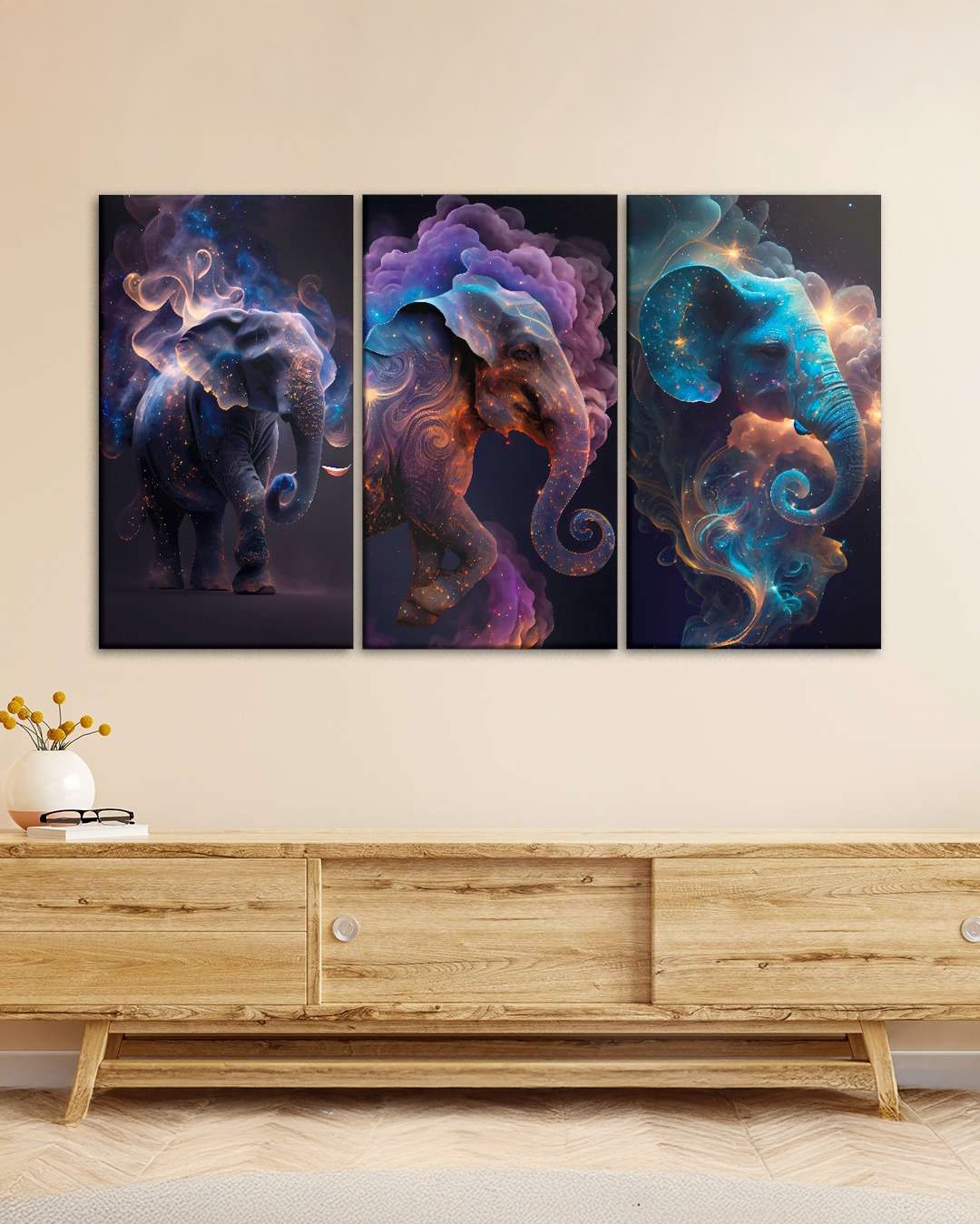 Set de 3 cuadros ilustración de elefantes asiáticos