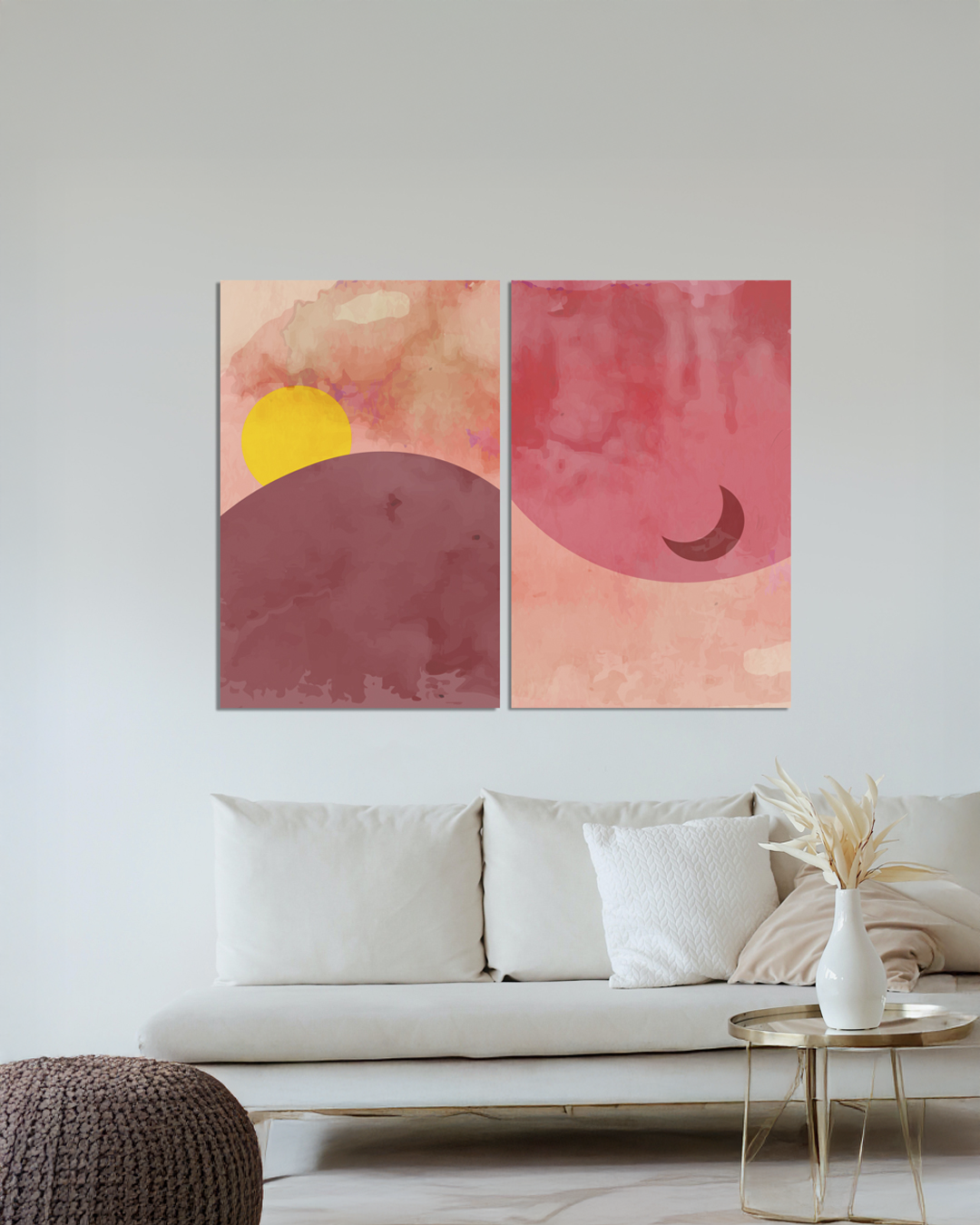 Cuadro de 2 Canvas sol y luna con efecto pintura en tonos rosa, abstracto