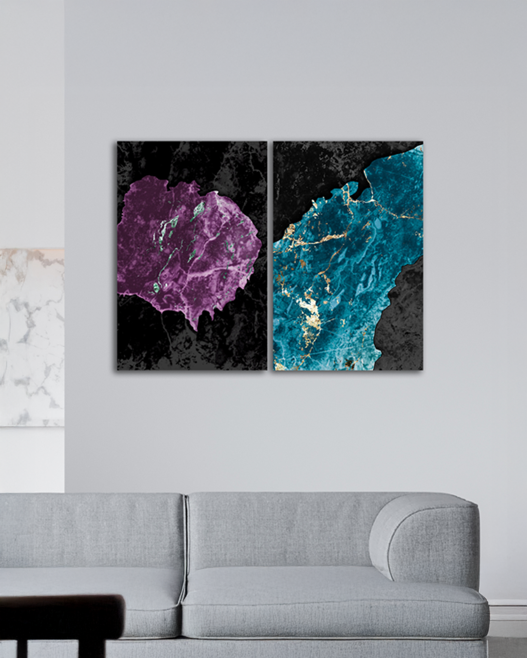 Cuadro de 2 Canvas de rocas morado y azul con fondo negro, abstracto