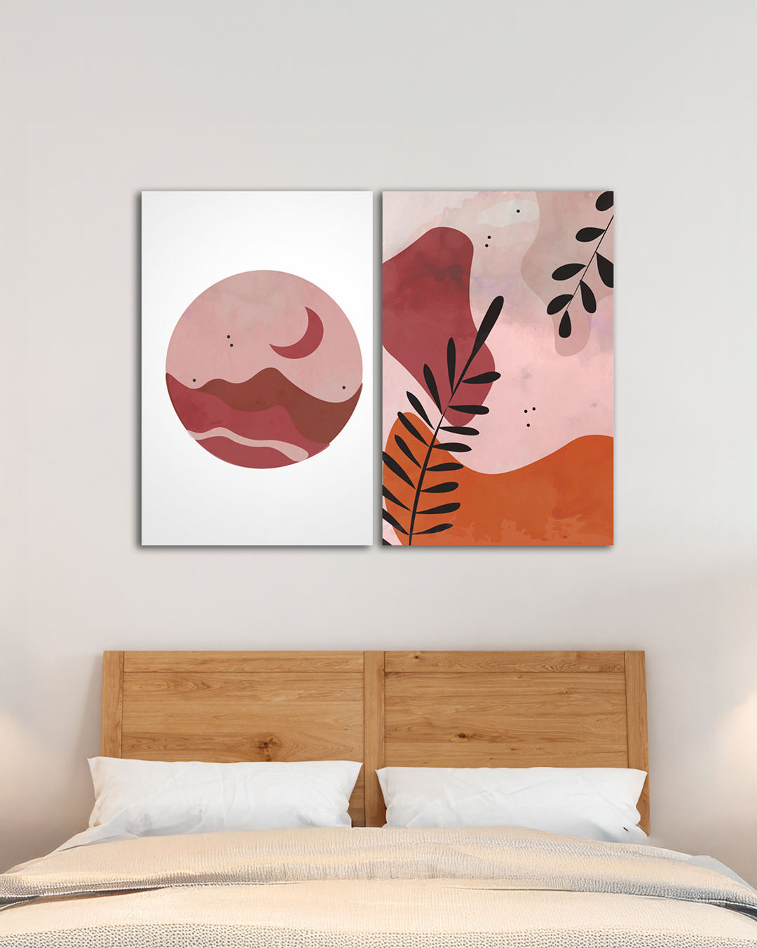 Cuadro de 2 Canvas luna y planta abstracto con tonos rosa