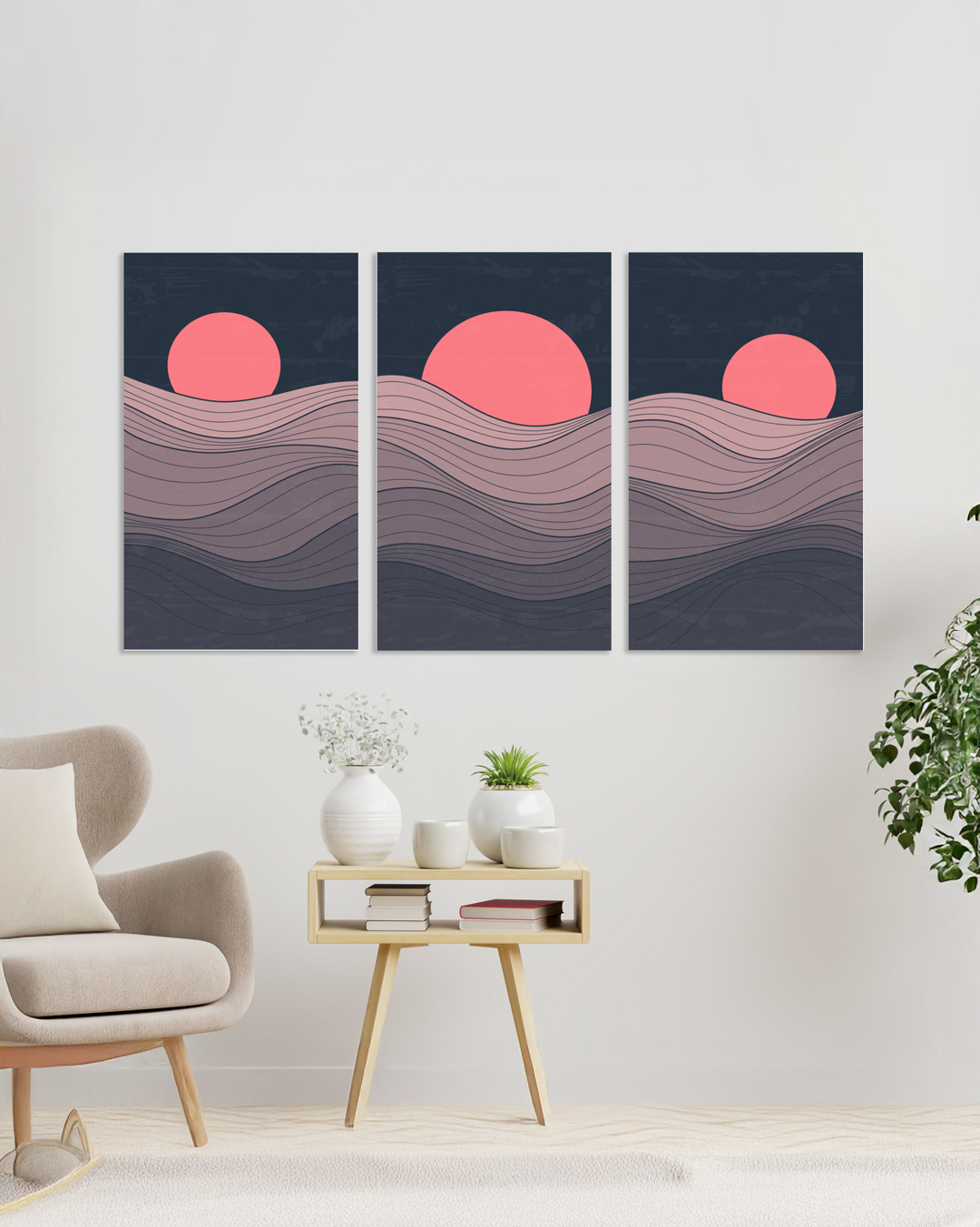 Set de 3 cuadros sol y mar abstracto en tonos rosa y azul