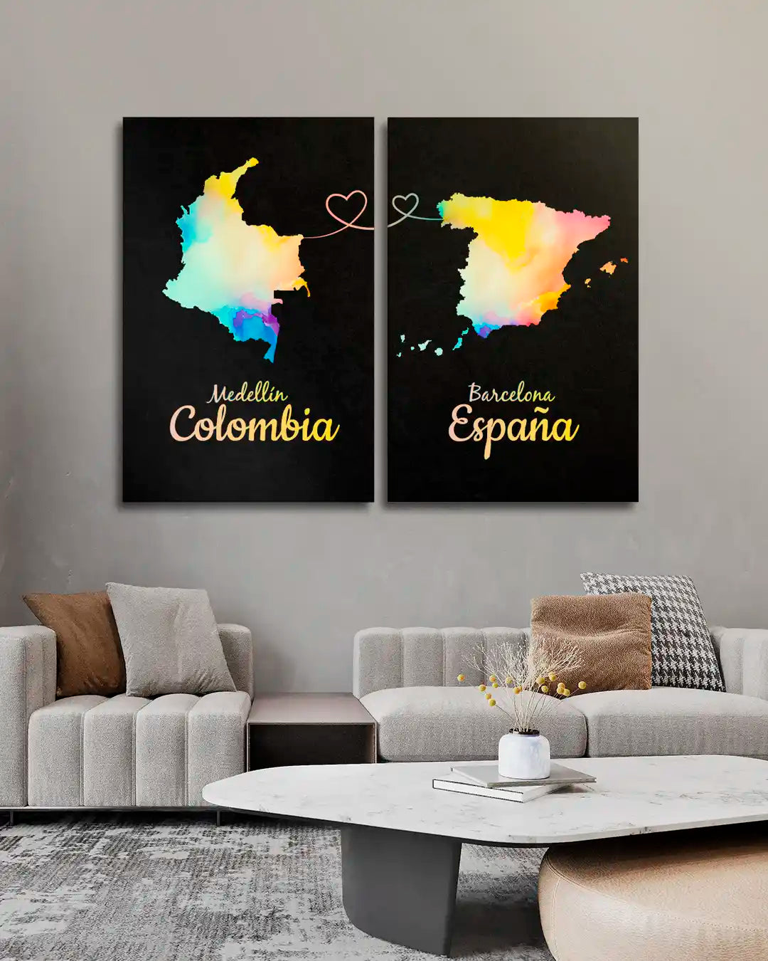 Cuadros mapas Colombia y España con fondo negro