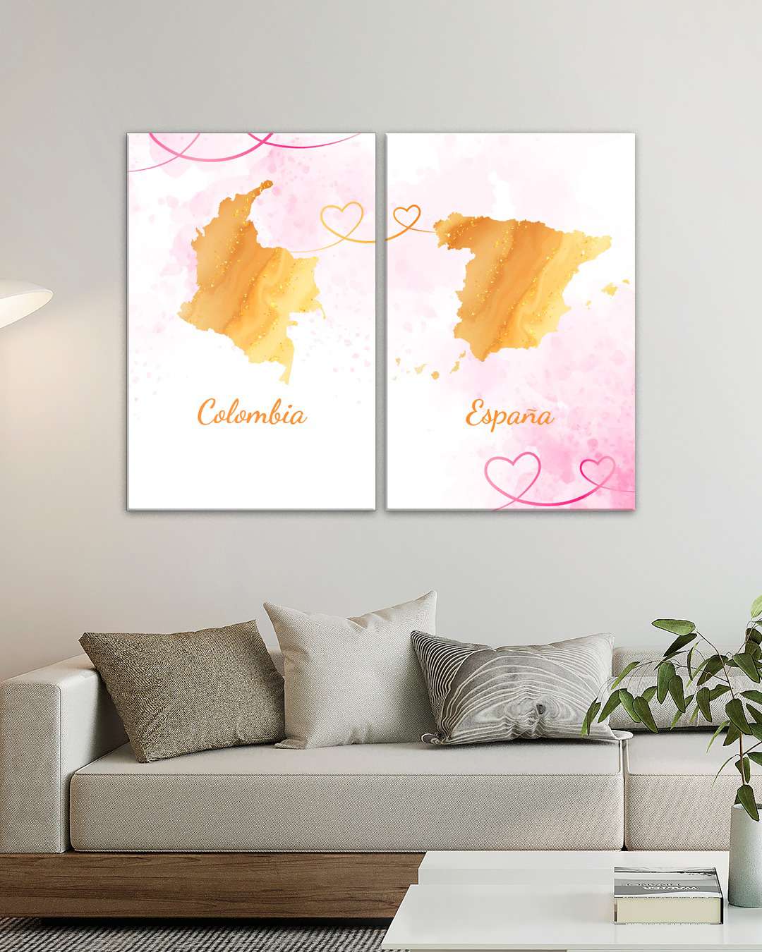 Cuadros mapas Colombia y España en tonos rosa