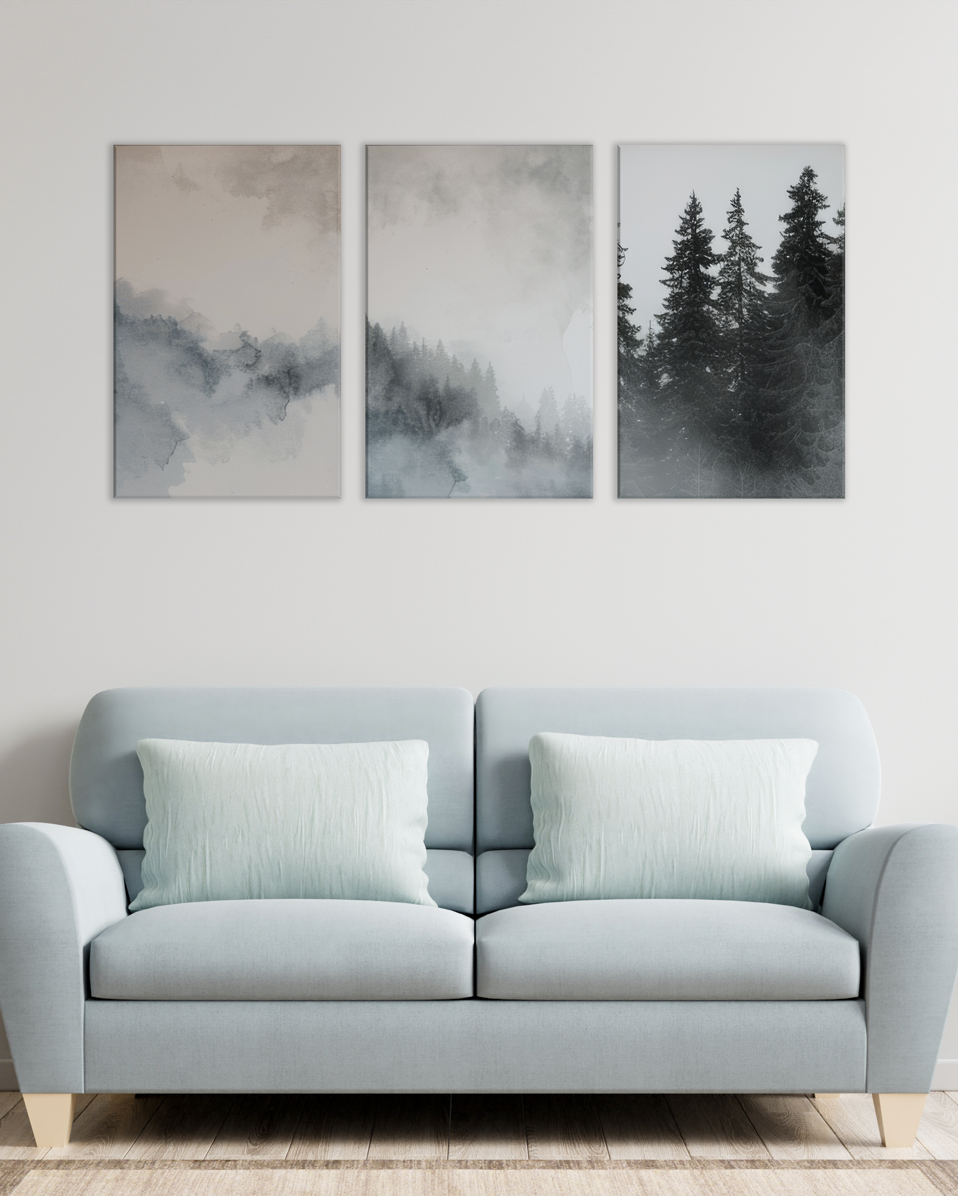 Cuadro bosque entre la niebla, Decoración minimalista en tonos grises