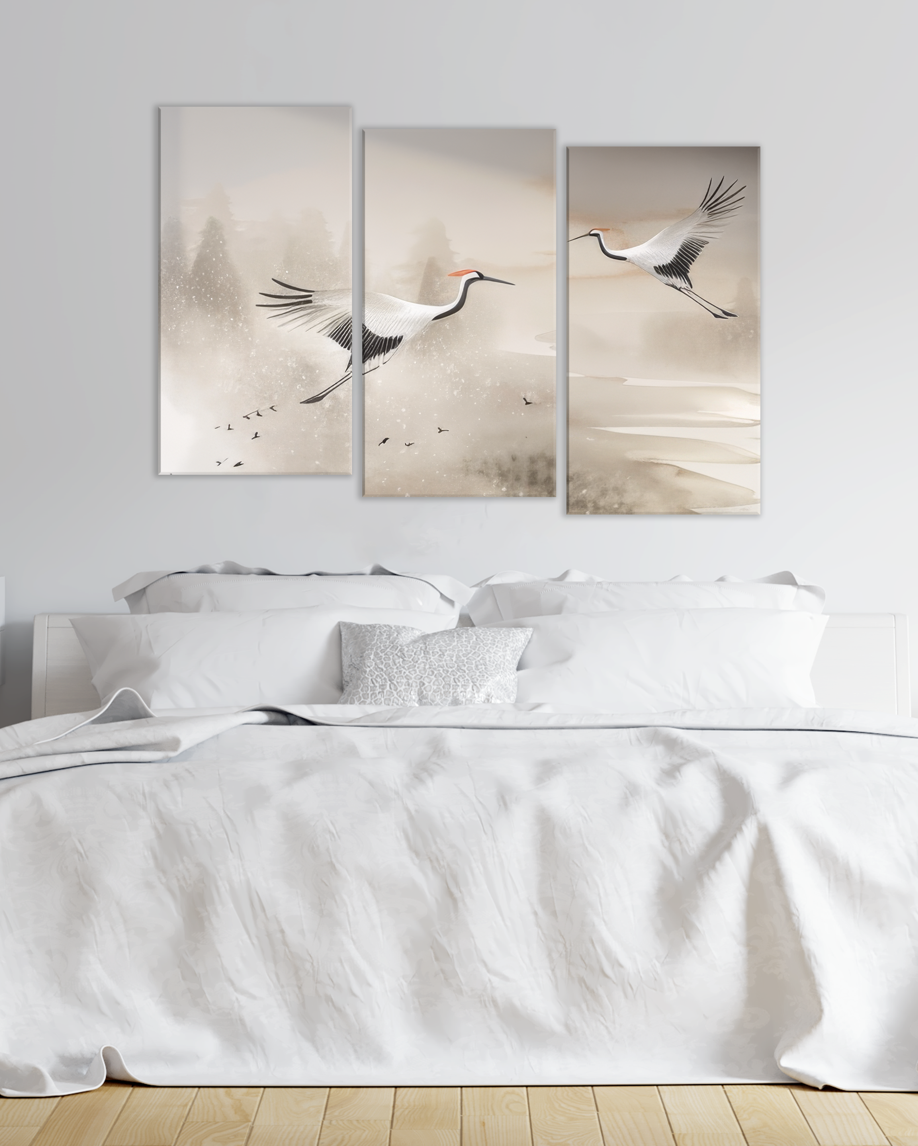 Cuadro decorativo de grullas volando en paisaje nevado