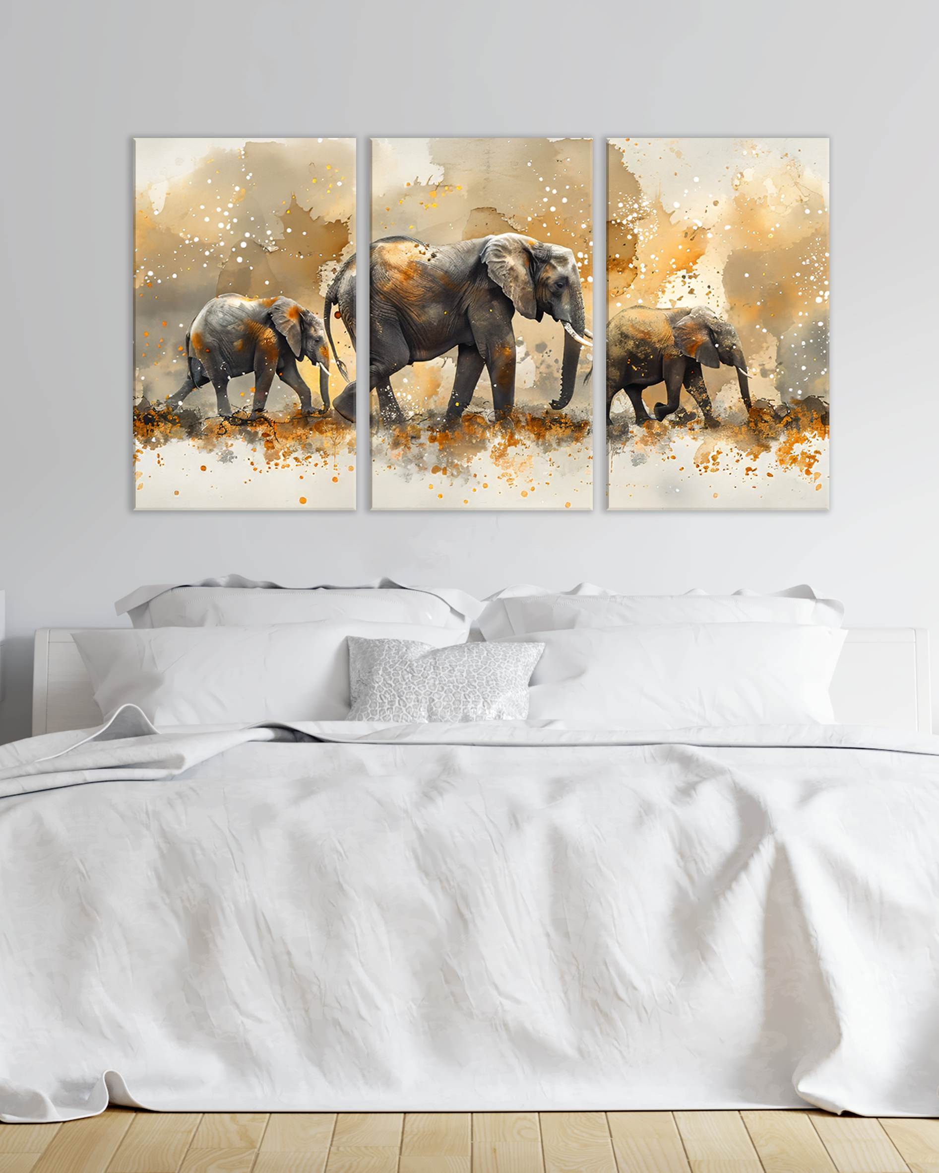 Cuadro decorativo de elefantes en tonos beige y dorados