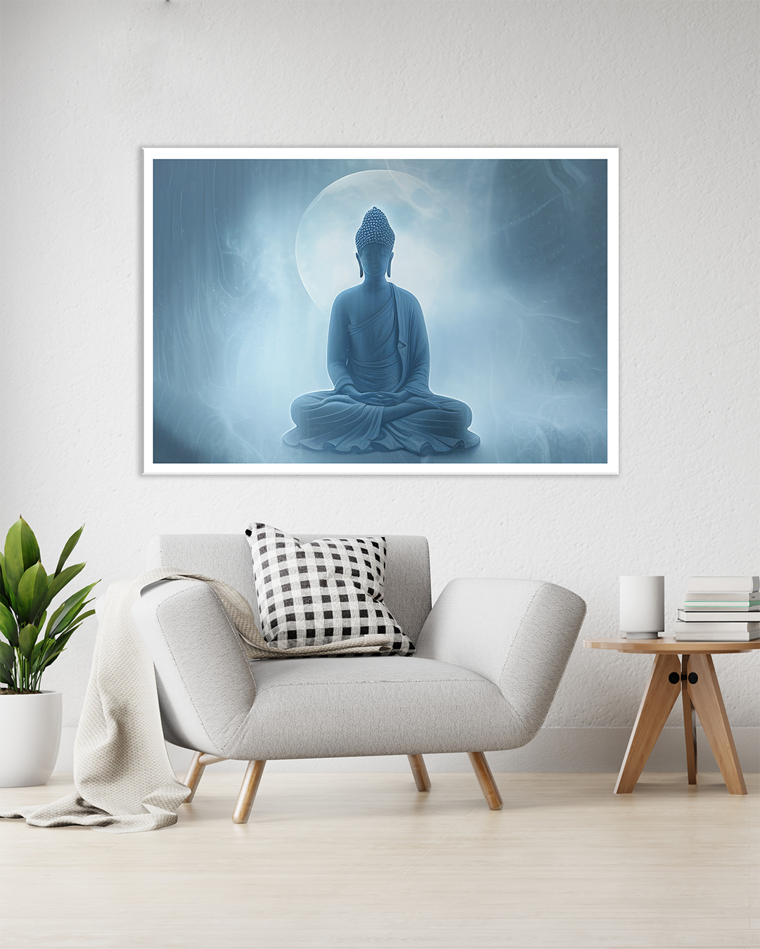 Cuadro Buda con luna llena en tonos azules
