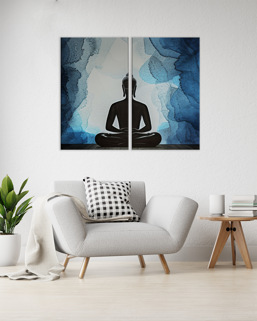 Cuadro díptico Buda minimalista con fondo azul