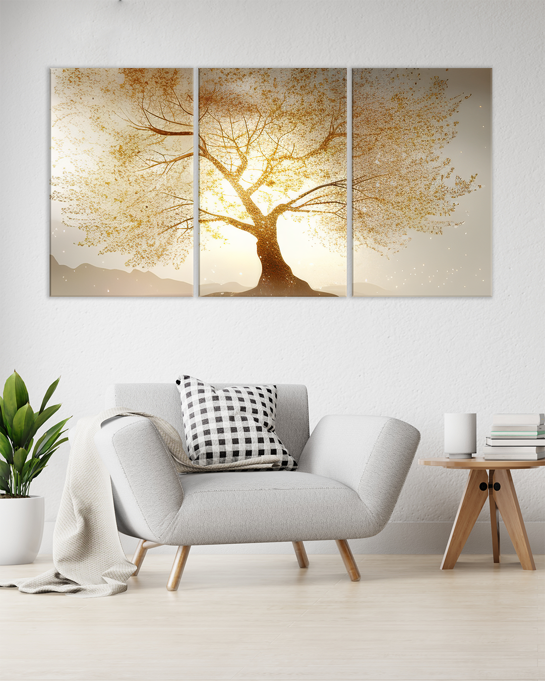 Cuadro decorativo de árbol dorado con luz de atardecer