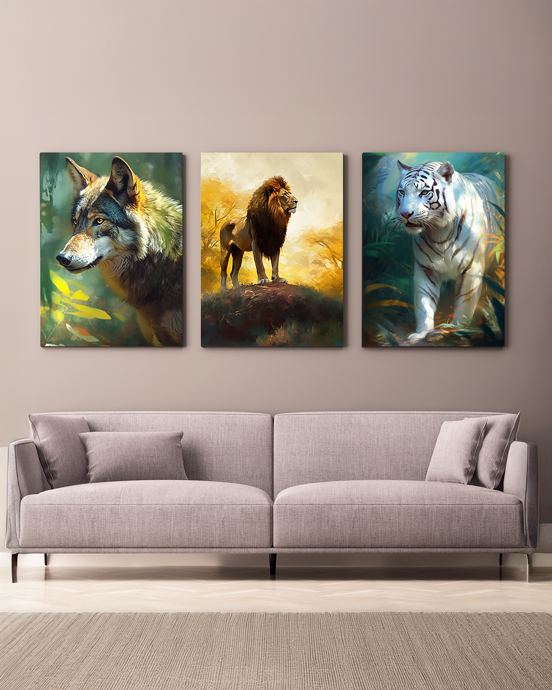 Set de 3 cuadros: Lobo, León y Tigre