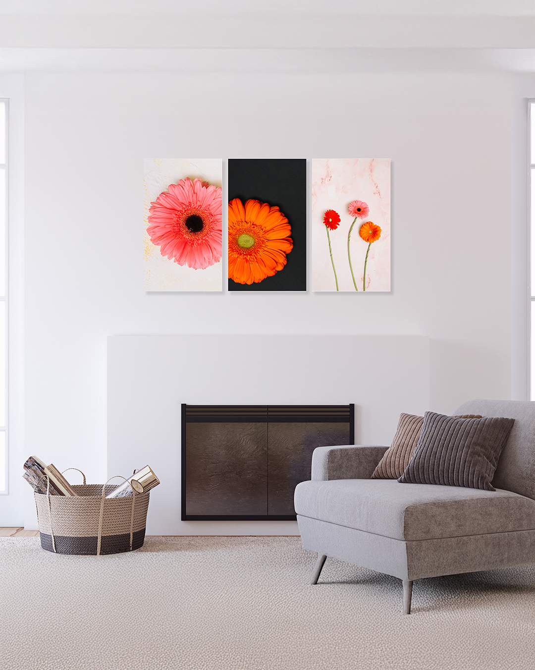 Set de 3 cuadros de flores en colores naranja