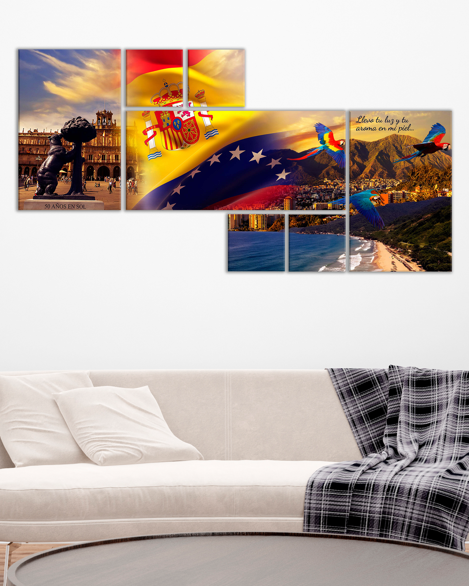 Cuadro España y Venezuela | Banderas, Ávila y Guacamayas con Frase Emotiva