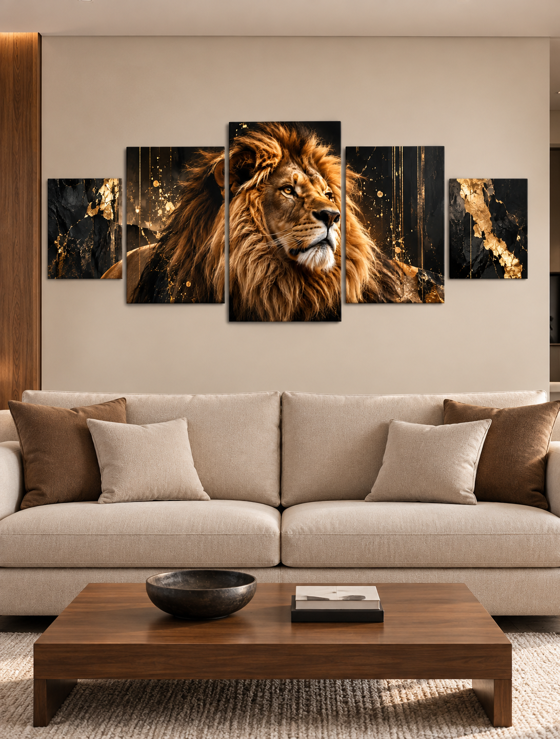 Cuadro de León Dorado en 5 Piezas – Arte Moderno Negro y Oro para Salón