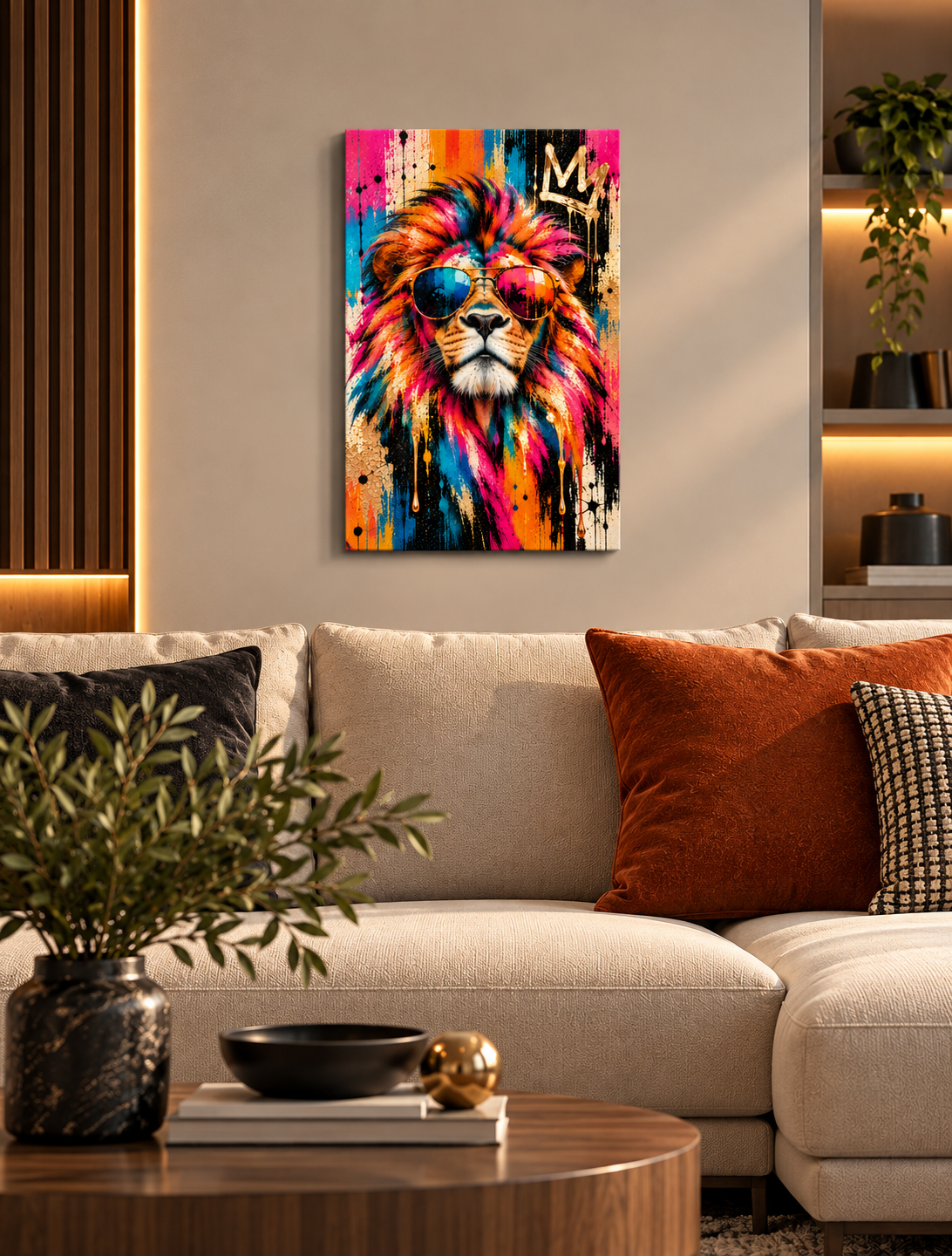 Cuadro de León Pop Art con Gafas de Sol y Corona – Arte Urbano Multicolor